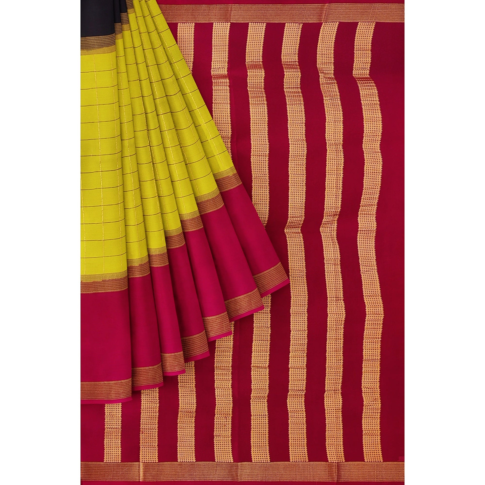 Parrot Green Mysore Silk Saree with Pink & Black Borders