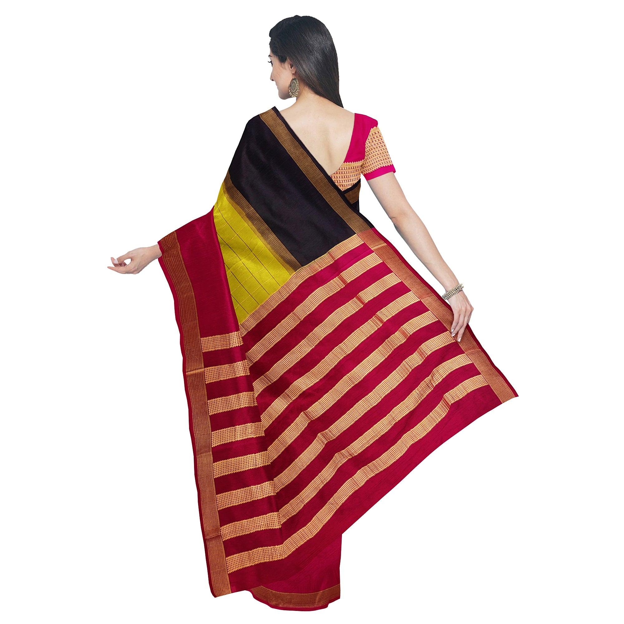 Parrot Green Mysore Silk Saree with Pink & Black Borders