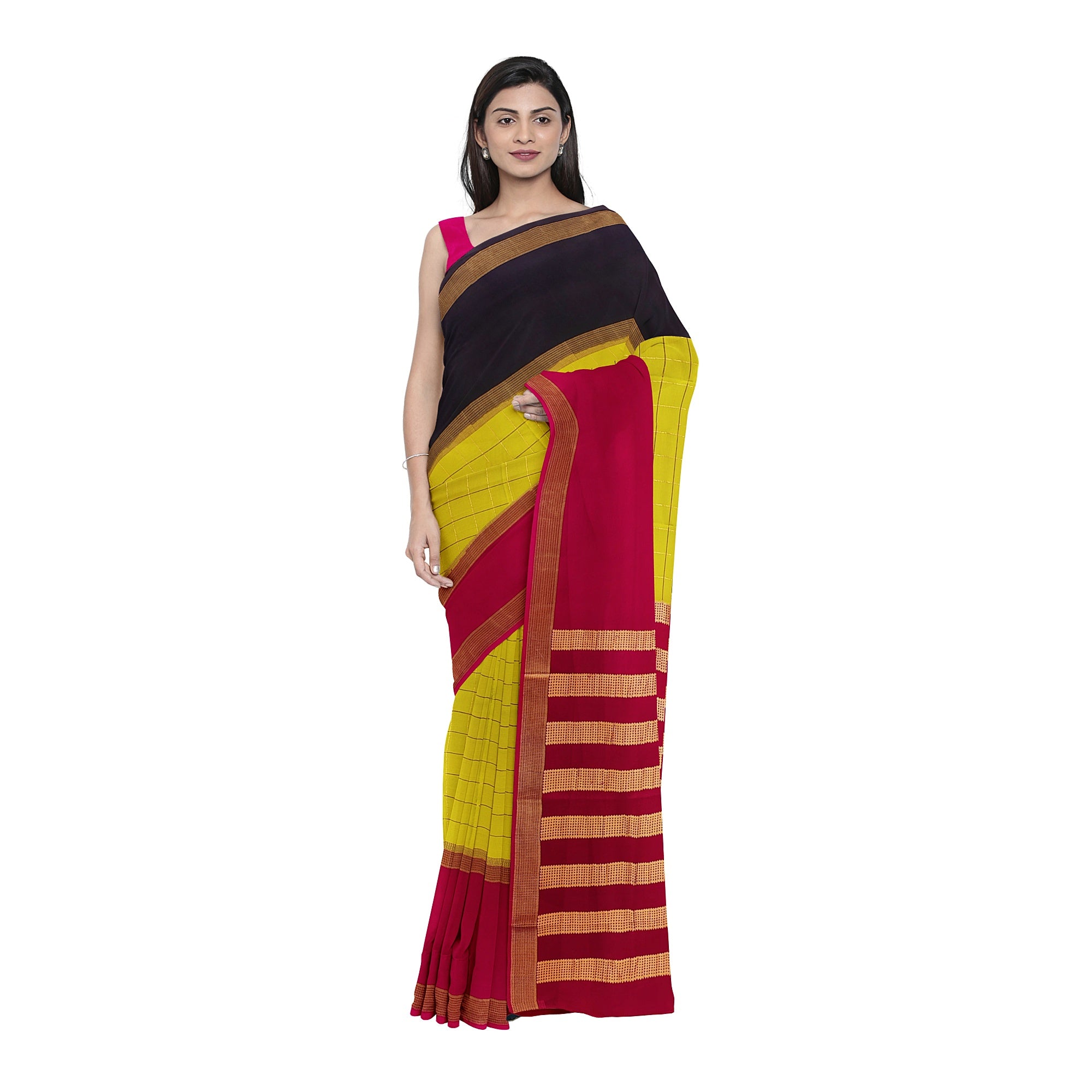 Parrot Green Mysore Silk Saree with Pink & Black Borders