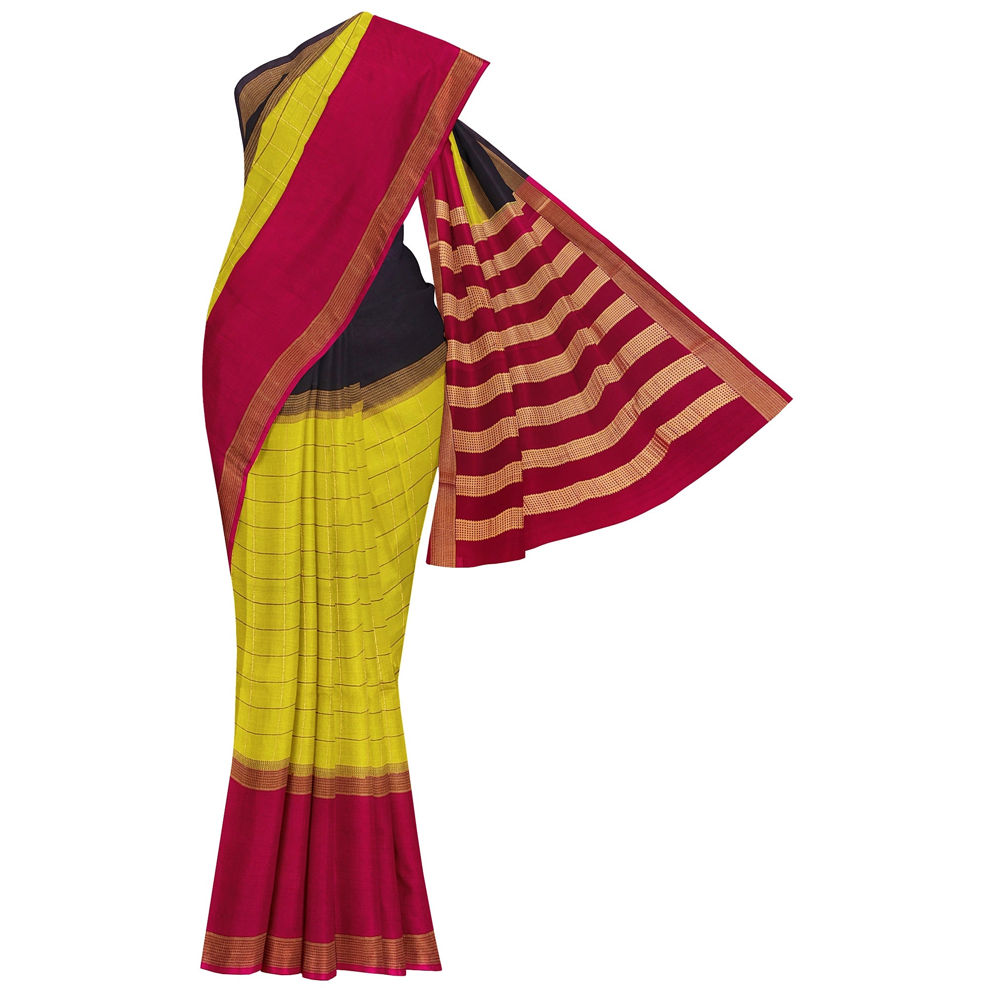 Parrot Green Mysore Silk Saree with Pink & Black Borders