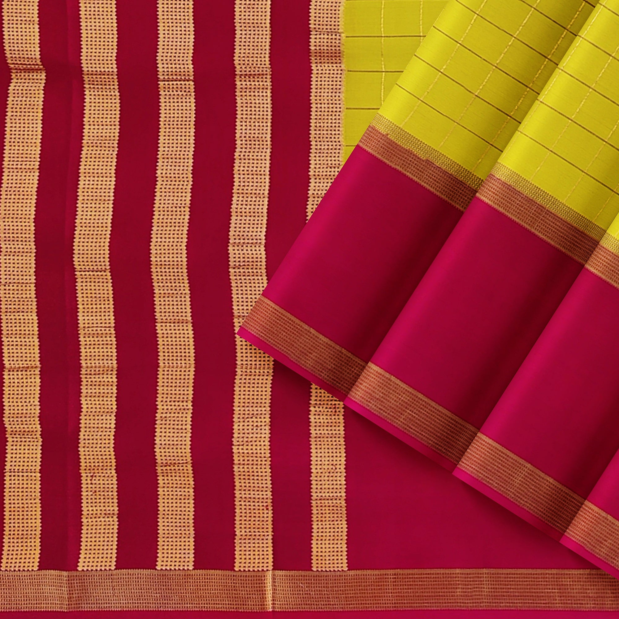 Parrot Green Mysore Silk Saree with Pink & Black Borders