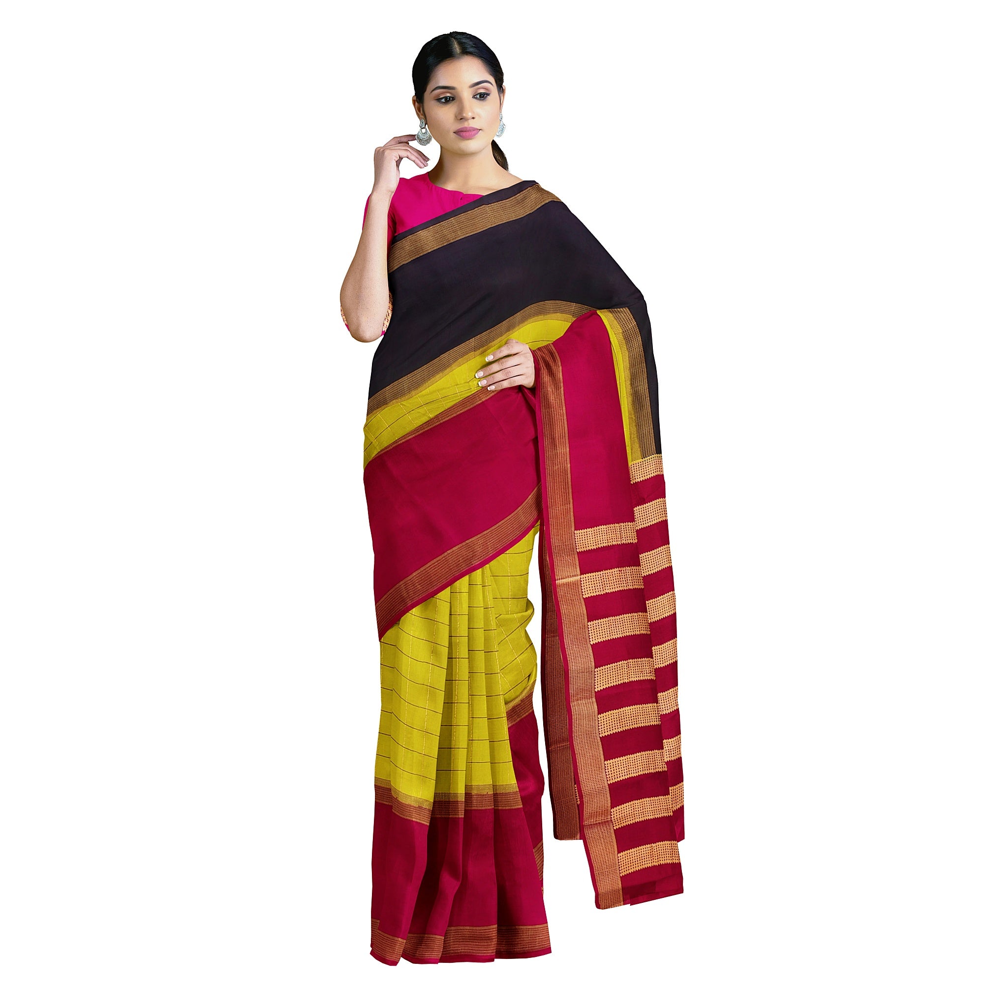 Parrot Green Mysore Silk Saree with Pink & Black Borders