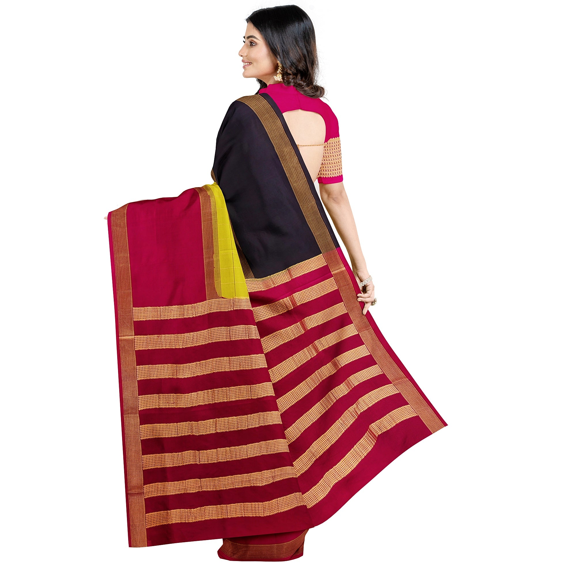 Parrot Green Mysore Silk Saree with Pink & Black Borders