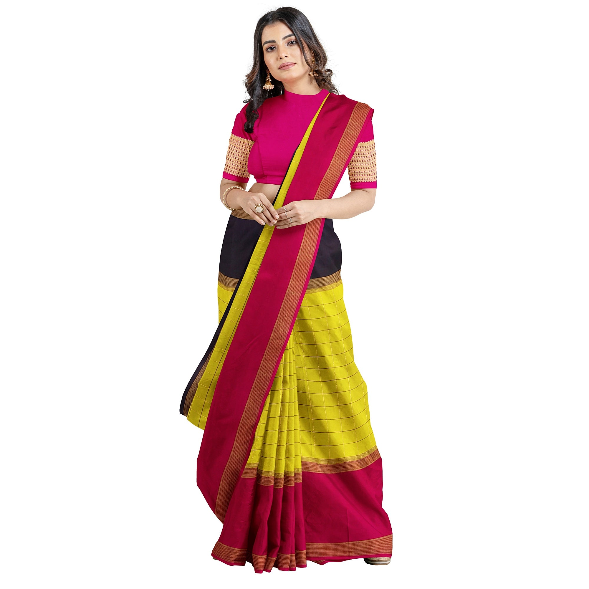 Parrot Green Mysore Silk Saree with Pink & Black Borders