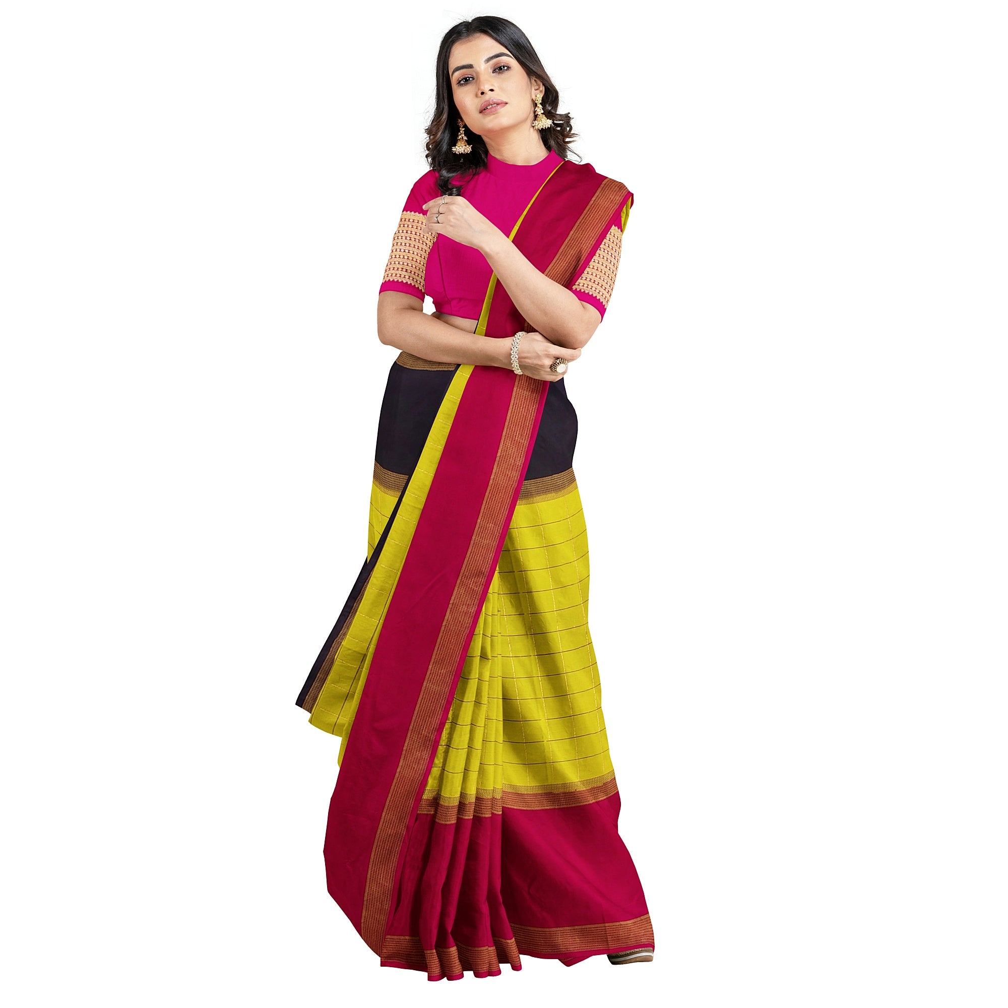 Parrot Green Mysore Silk Saree with Pink & Black Borders