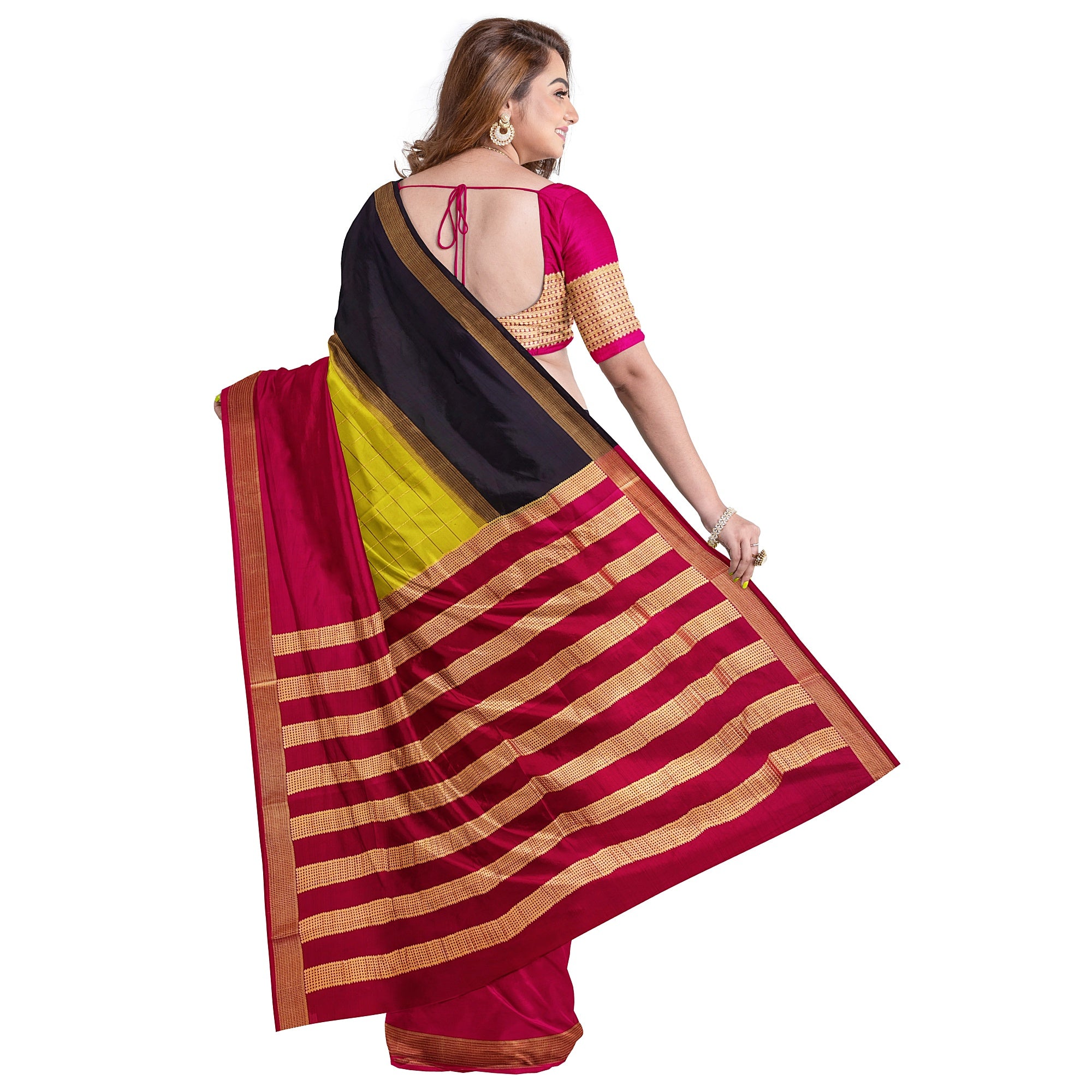 Parrot Green Mysore Silk Saree with Pink & Black Borders