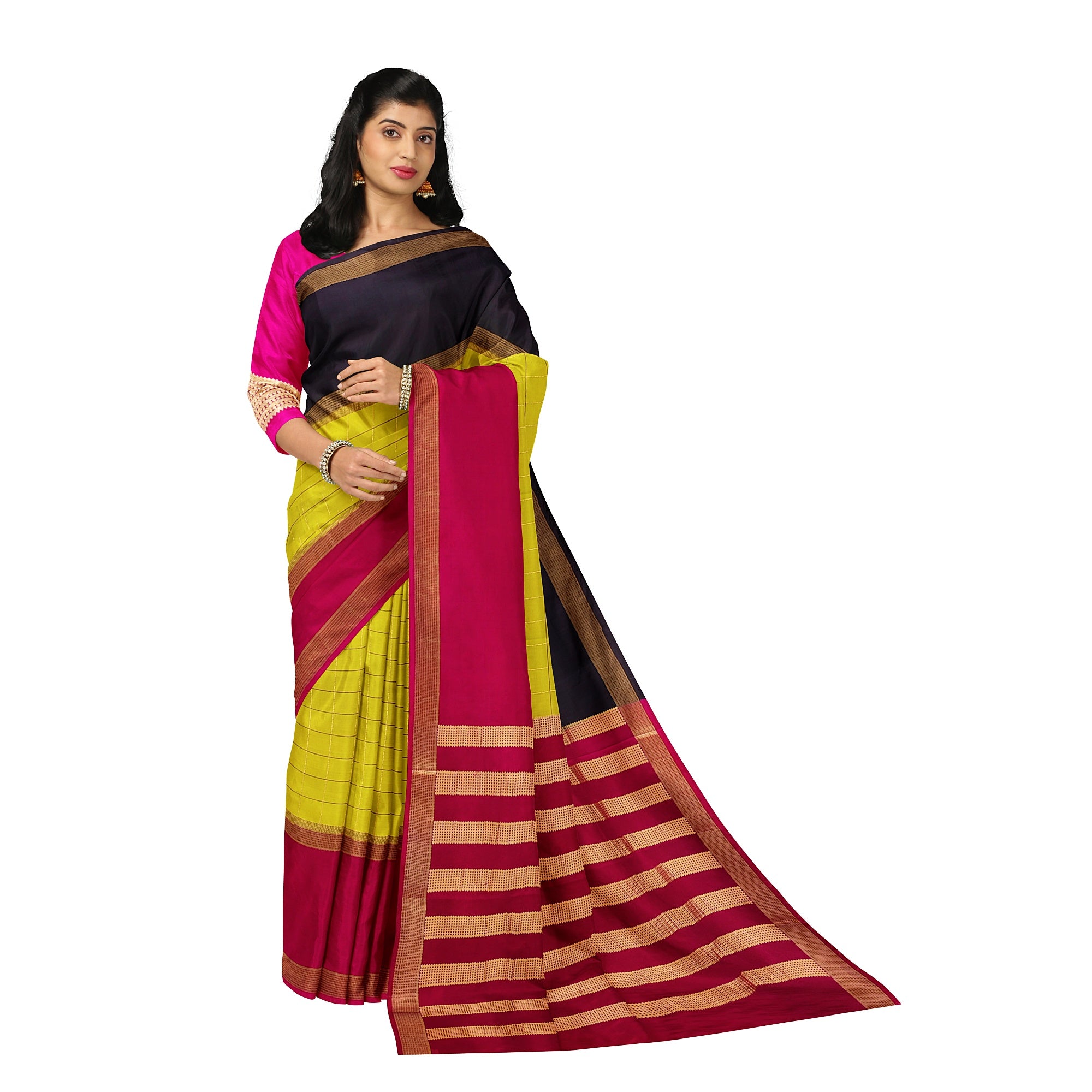 Parrot Green Mysore Silk Saree with Pink & Black Borders