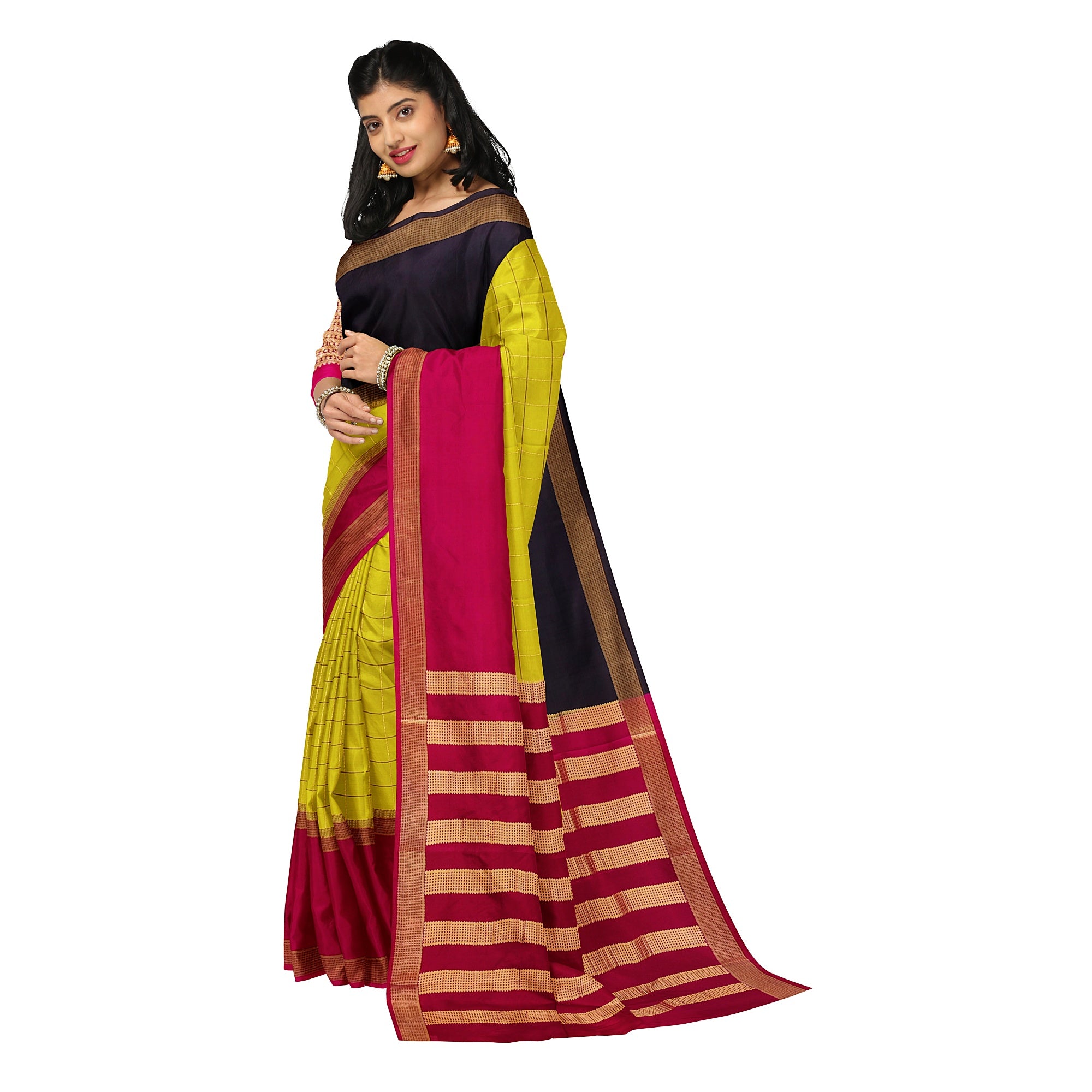 Parrot Green Mysore Silk Saree with Pink & Black Borders