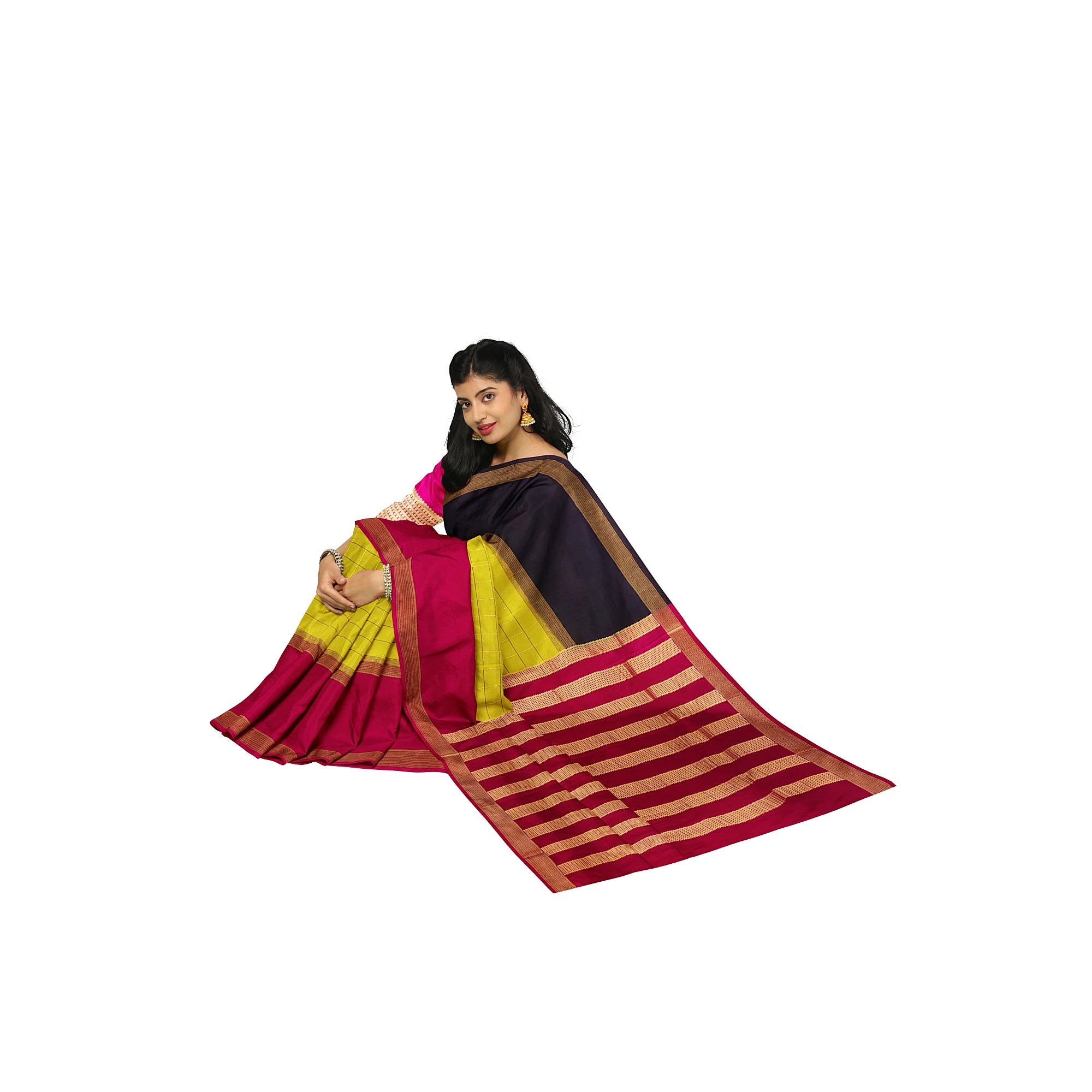 Parrot Green Mysore Silk Saree with Pink & Black Borders