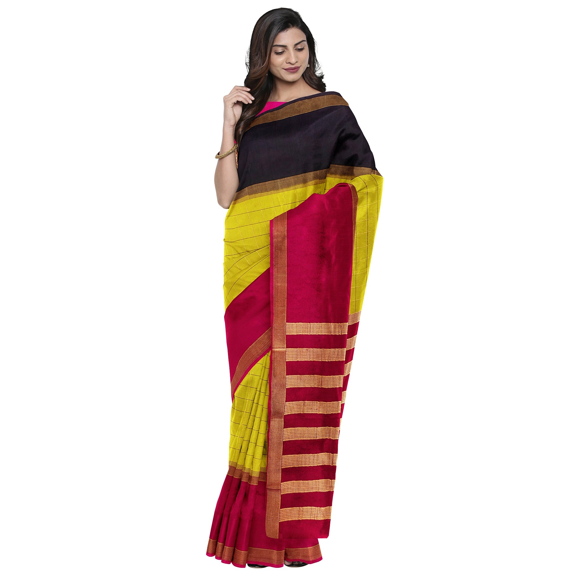 Parrot Green Mysore Silk Saree with Pink & Black Borders