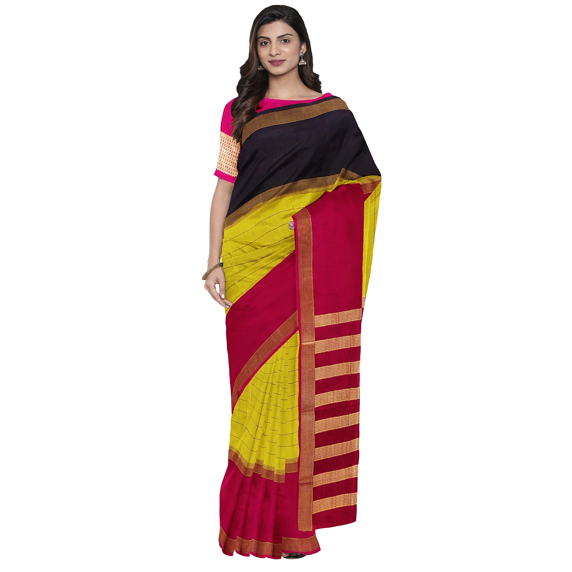 Parrot Green Mysore Silk Saree with Pink & Black Borders