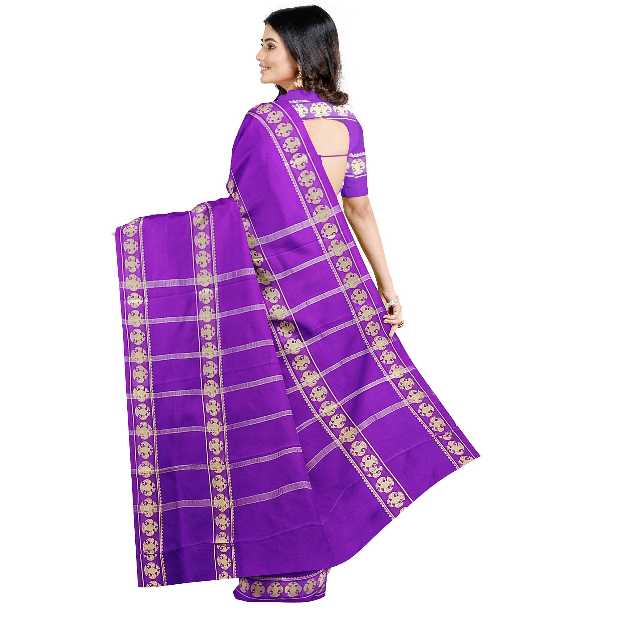 Purple Mysore Silk Saree with Peacock Design