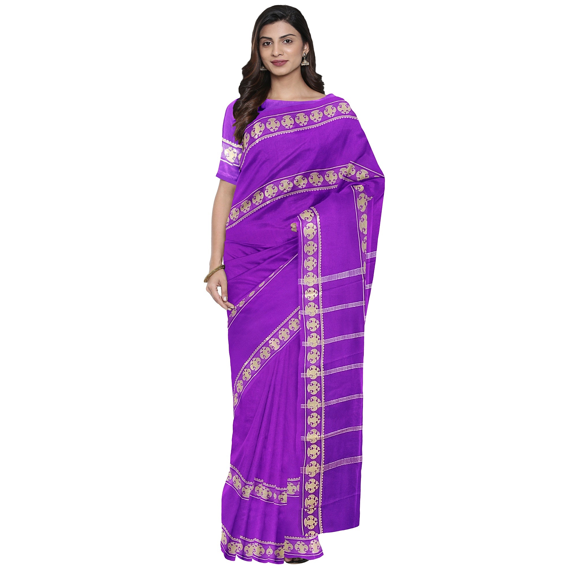 Purple Mysore Silk Saree with Peacock Design