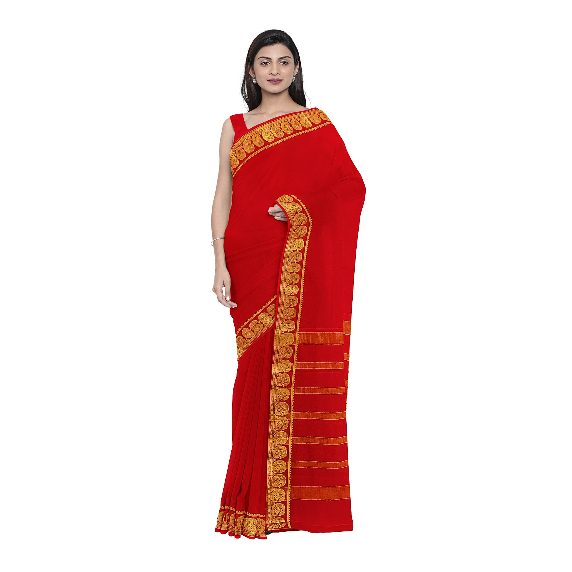 Red Mysore Silk Saree with Mango Border – Shop Online