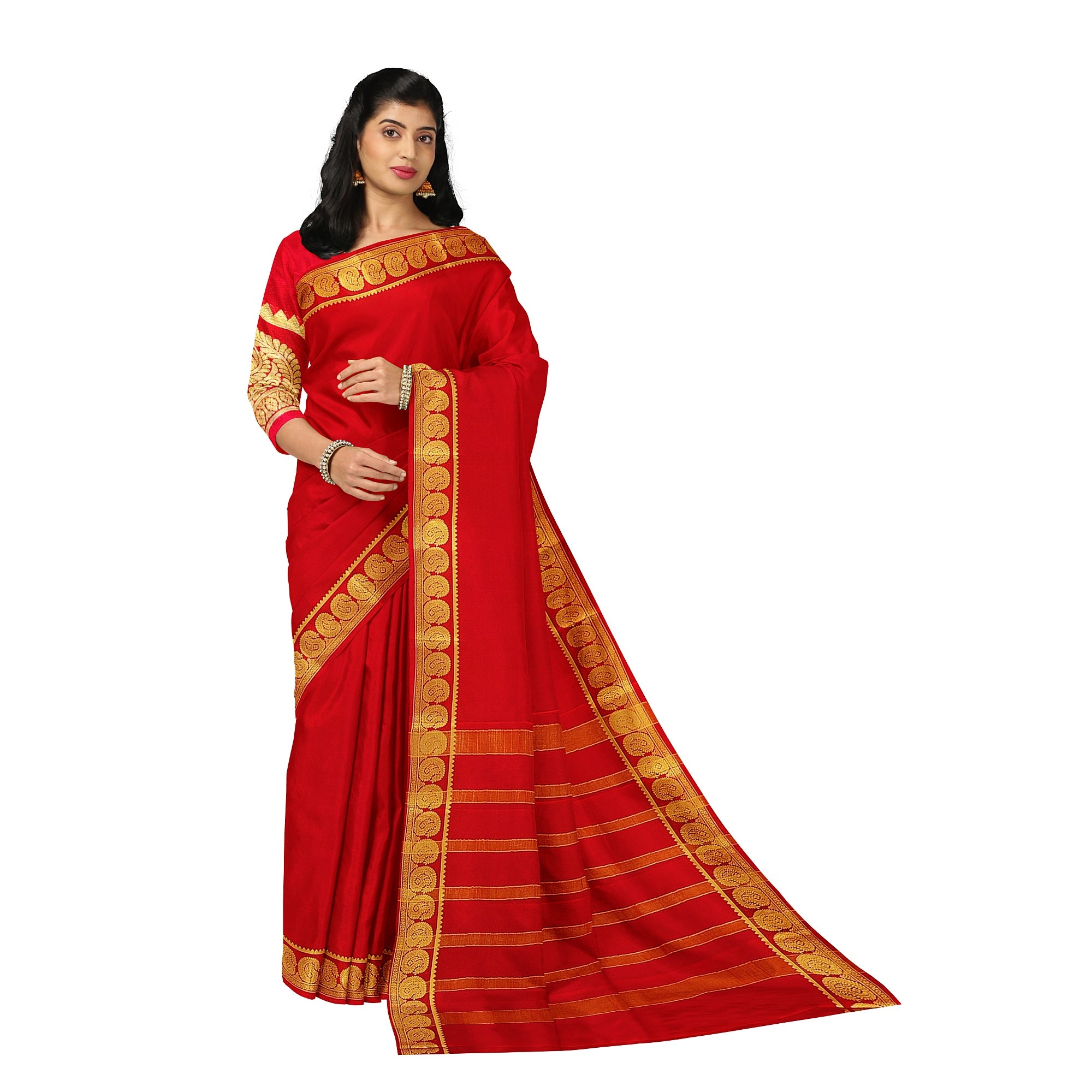 Red Mysore Silk Saree with Mango Border – Shop Online