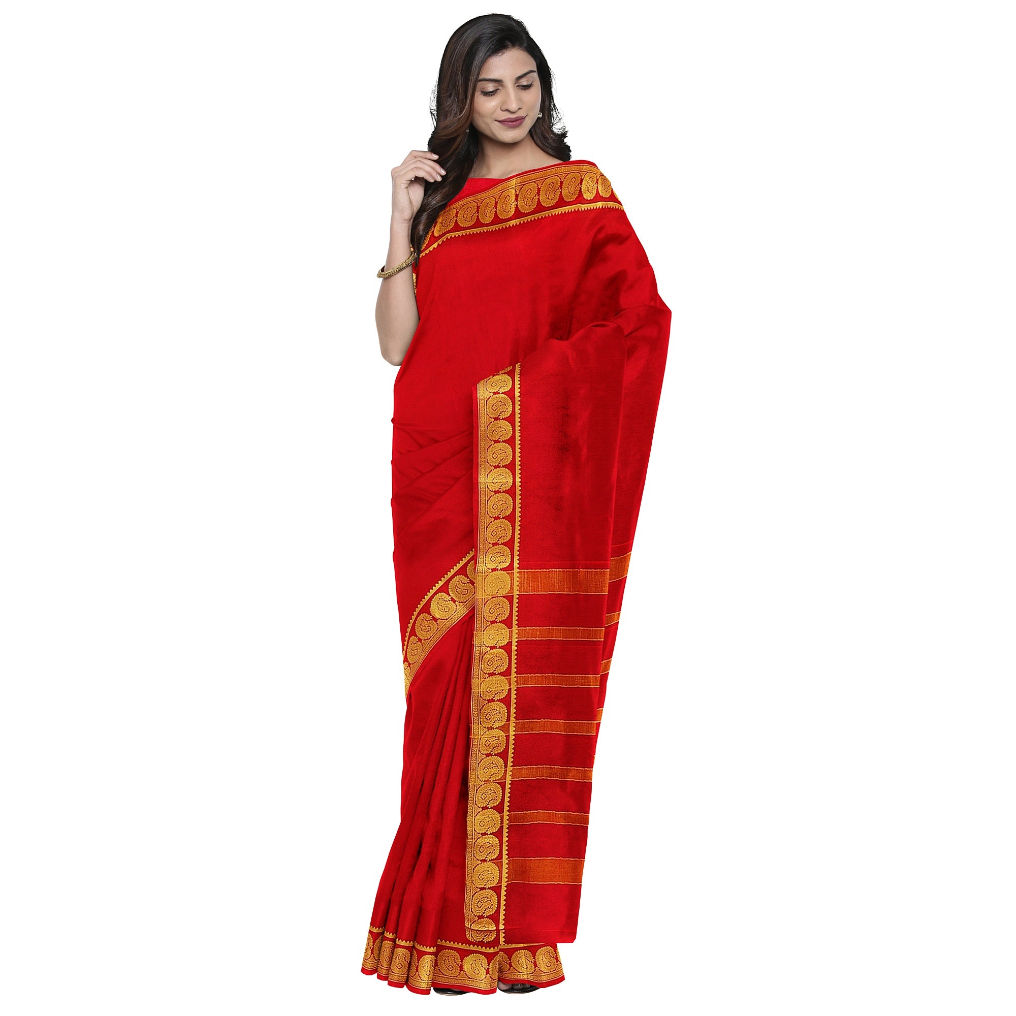 Red Mysore Silk Saree with Mango Border – Shop Online