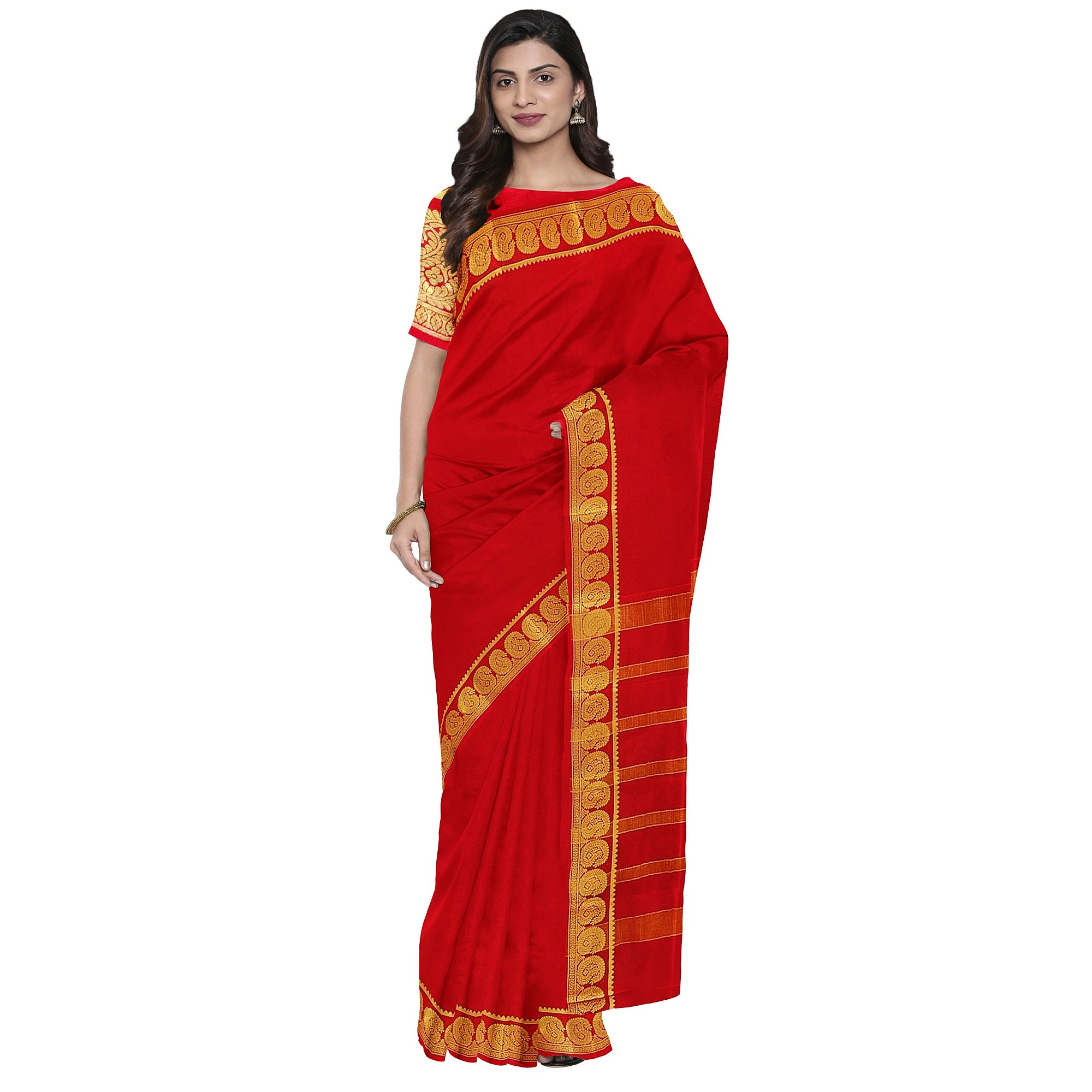 Red Mysore Silk Saree with Mango Border – Shop Online