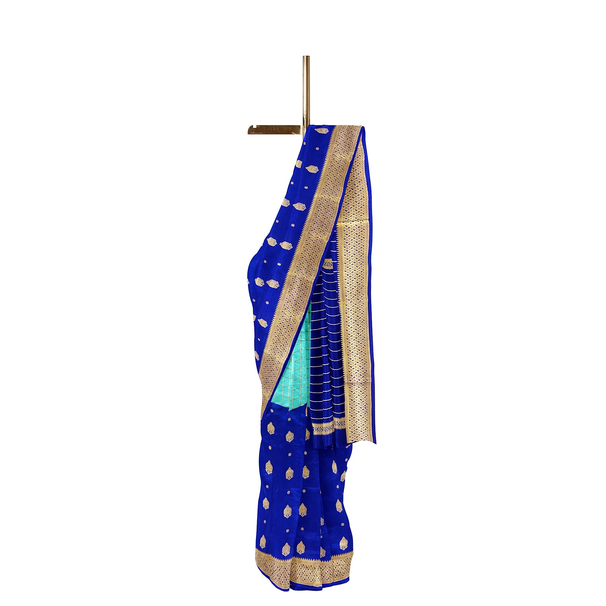 Half-and-Half Sky Blue Mysore Silk Saree with Ink Blue Checks