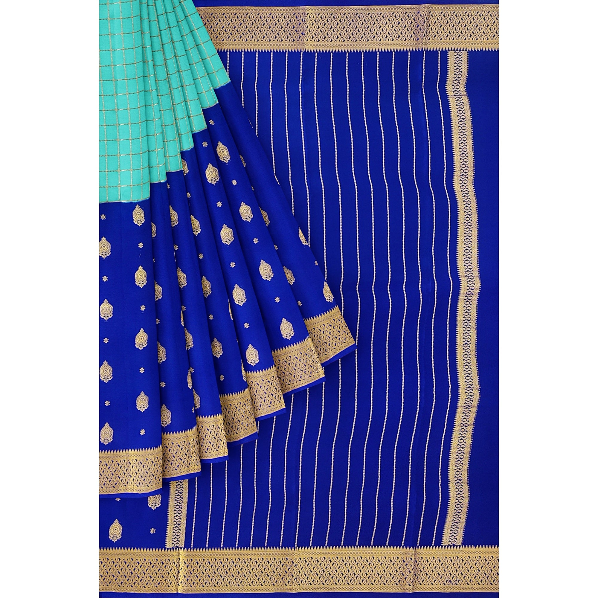 Half-and-Half Sky Blue Mysore Silk Saree with Ink Blue Checks