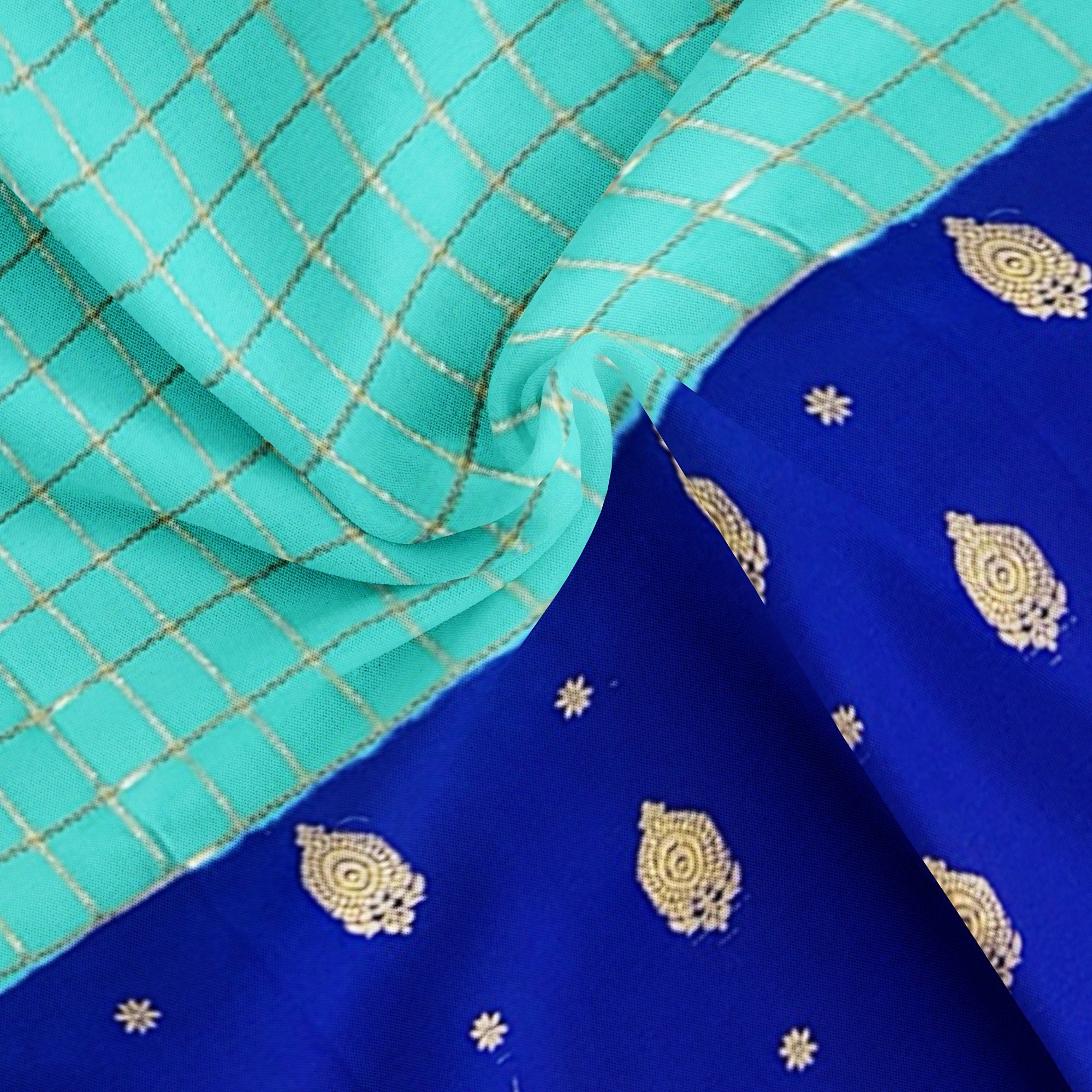 Half-and-Half Sky Blue Mysore Silk Saree with Ink Blue Checks