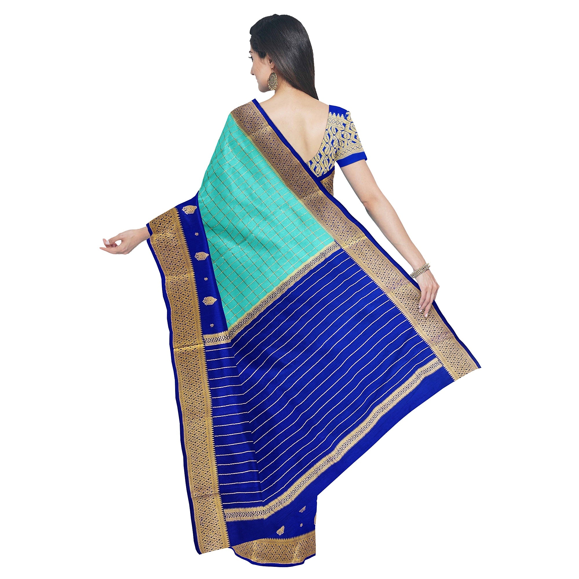 Half-and-Half Sky Blue Mysore Silk Saree with Ink Blue Checks