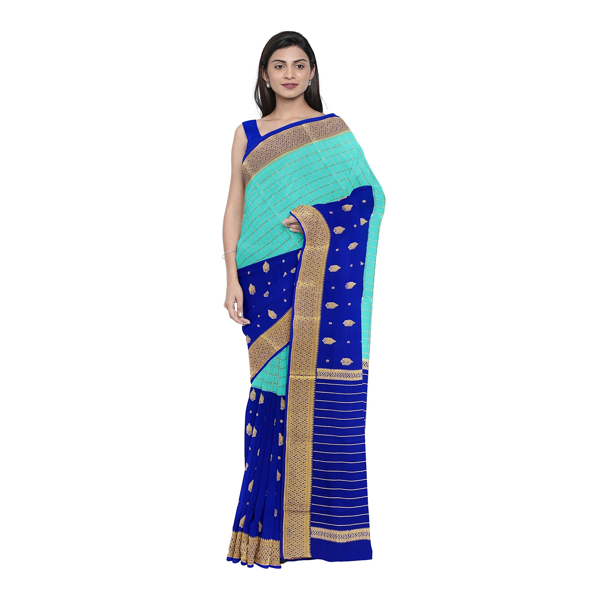 Half-and-Half Sky Blue Mysore Silk Saree with Ink Blue Checks