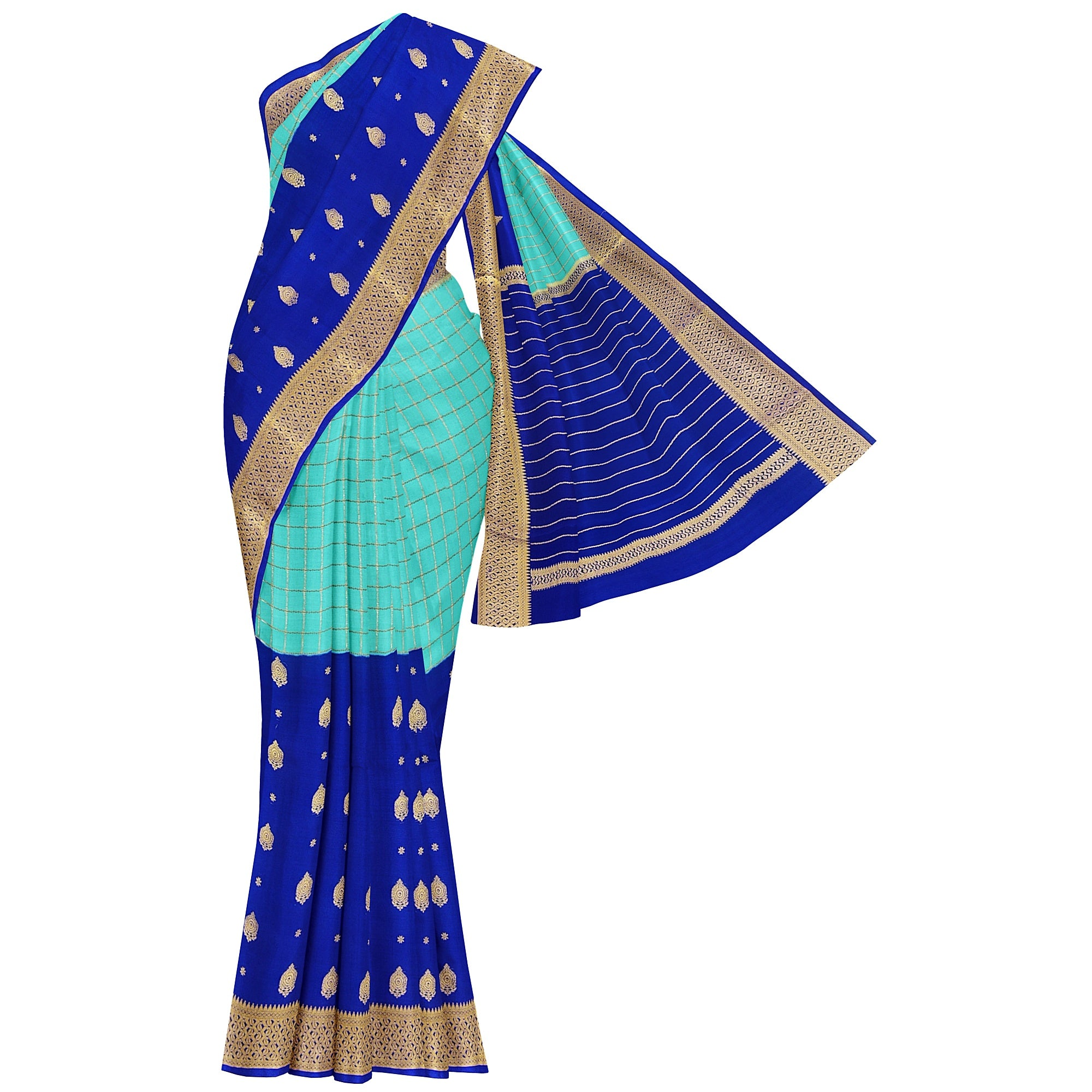 Half-and-Half Sky Blue Mysore Silk Saree with Ink Blue Checks