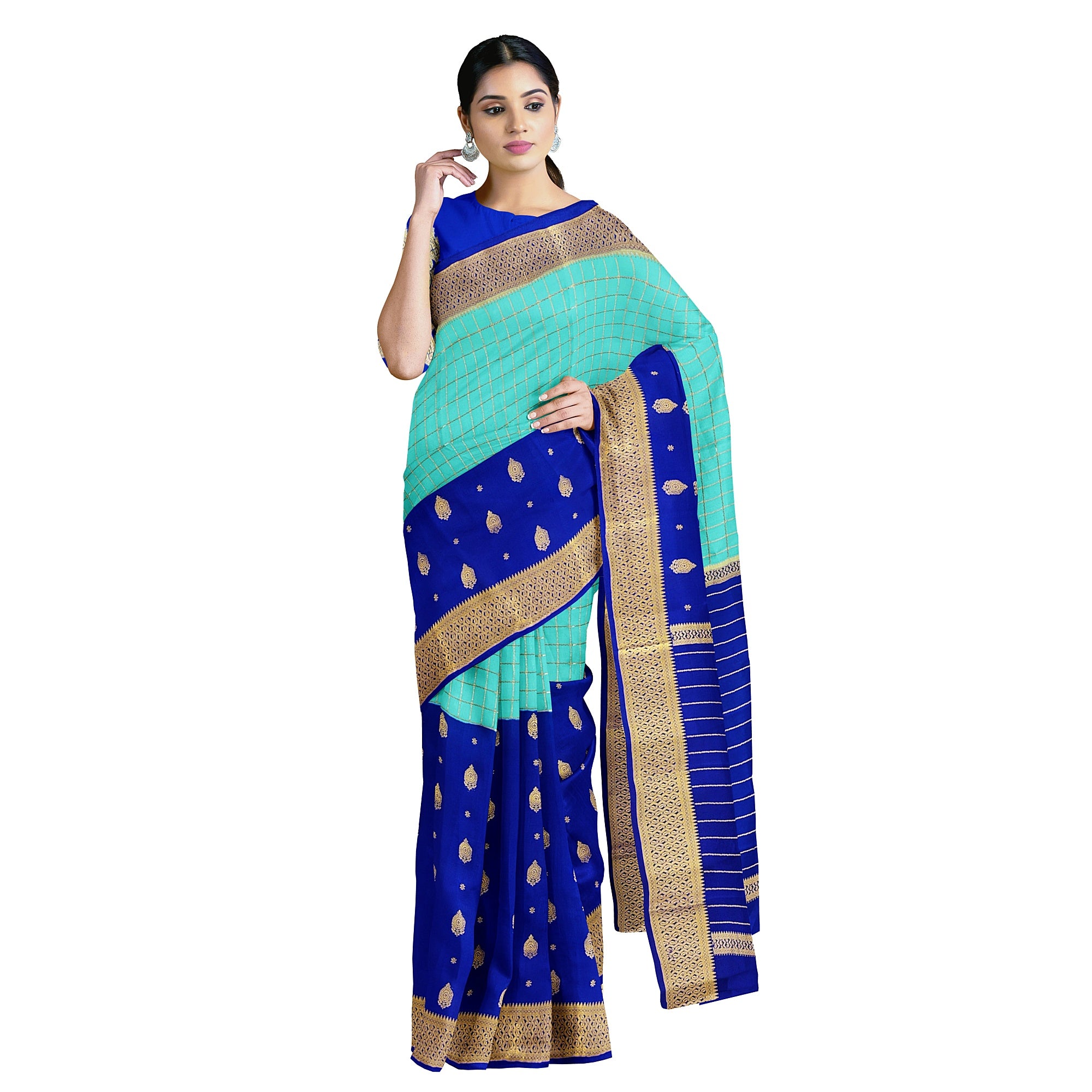 Half-and-Half Sky Blue Mysore Silk Saree with Ink Blue Checks