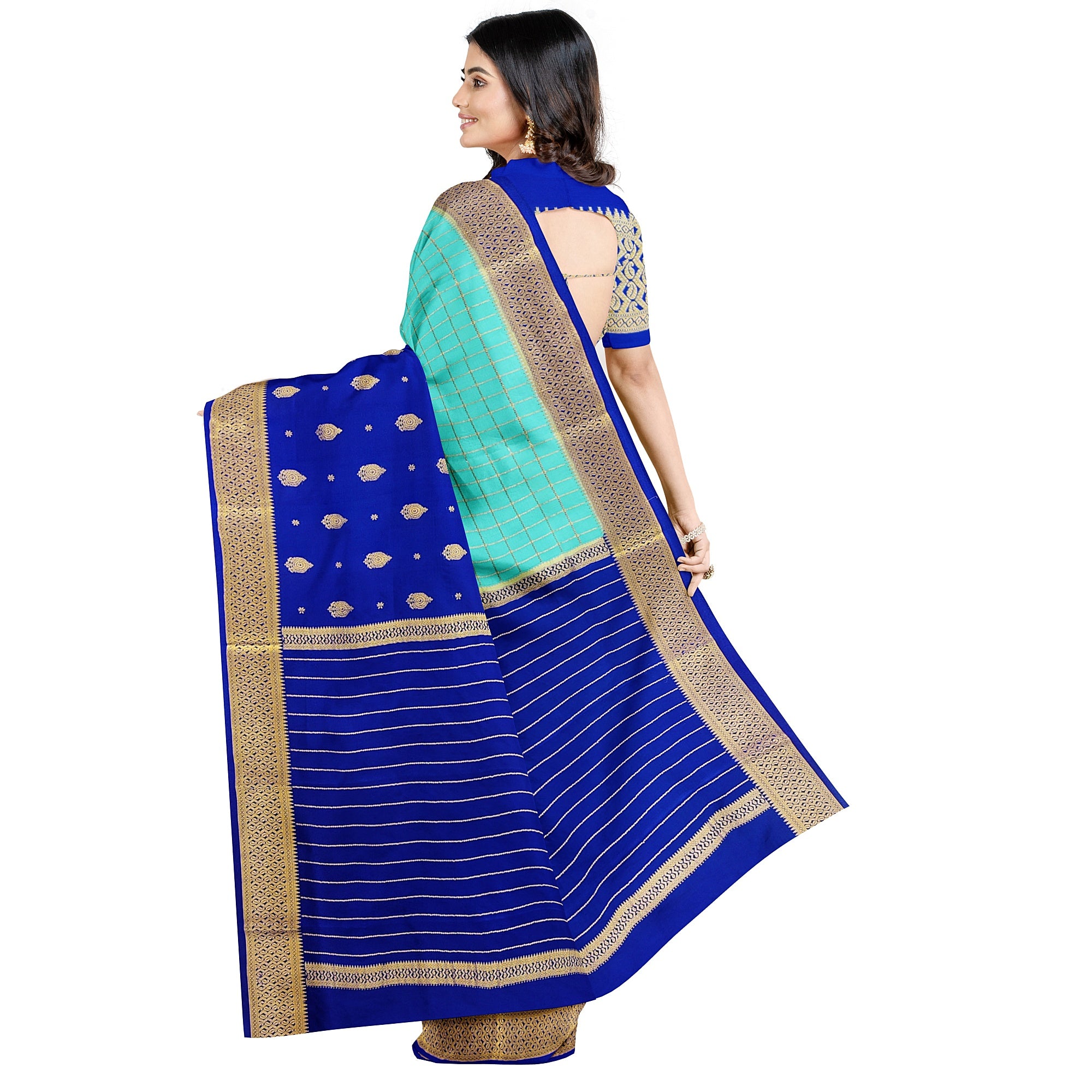 Half-and-Half Sky Blue Mysore Silk Saree with Ink Blue Checks