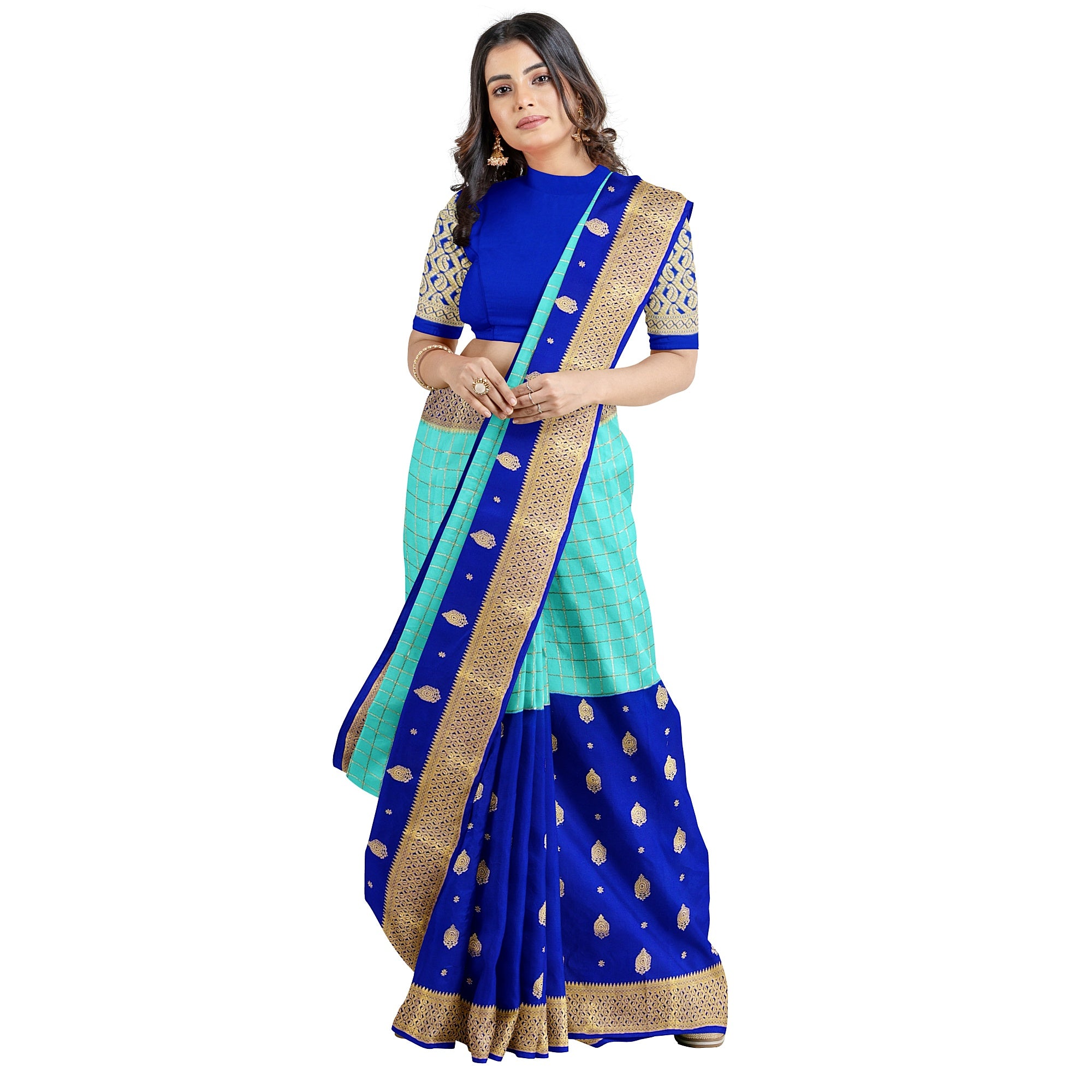 Half-and-Half Sky Blue Mysore Silk Saree with Ink Blue Checks
