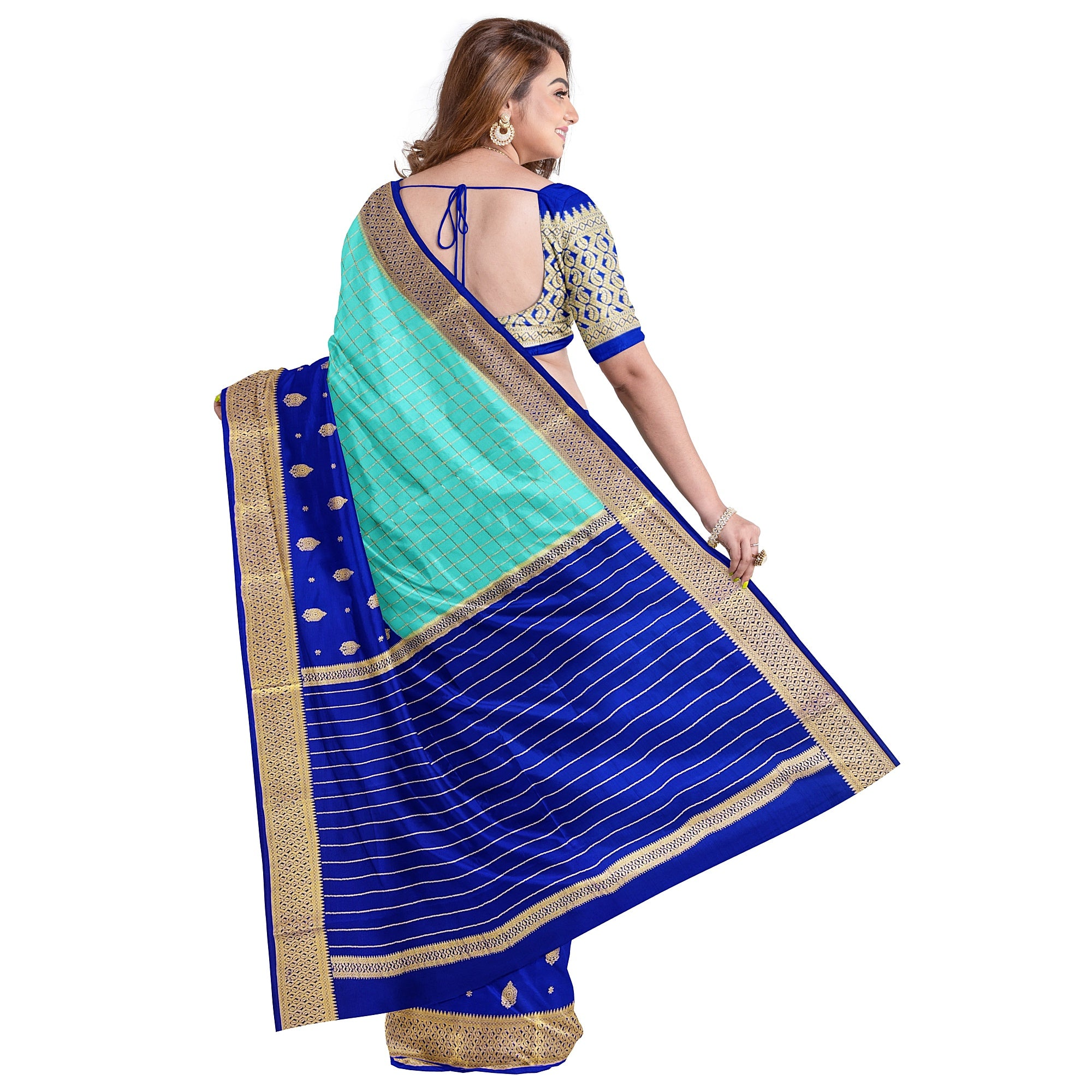 Half-and-Half Sky Blue Mysore Silk Saree with Ink Blue Checks