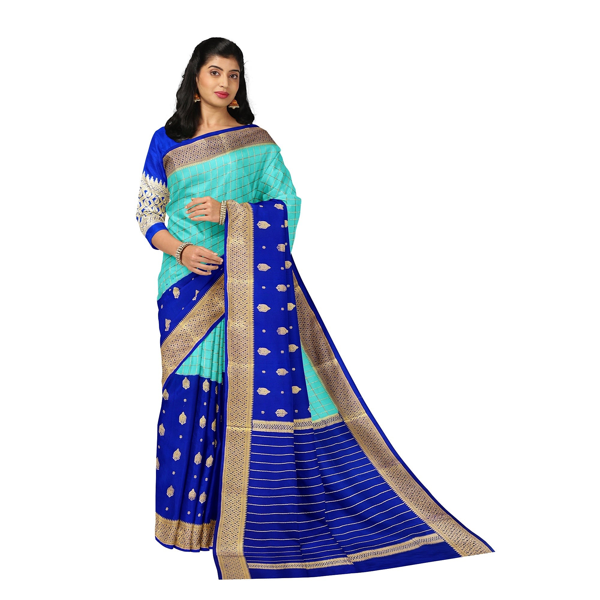 Half-and-Half Sky Blue Mysore Silk Saree with Ink Blue Checks