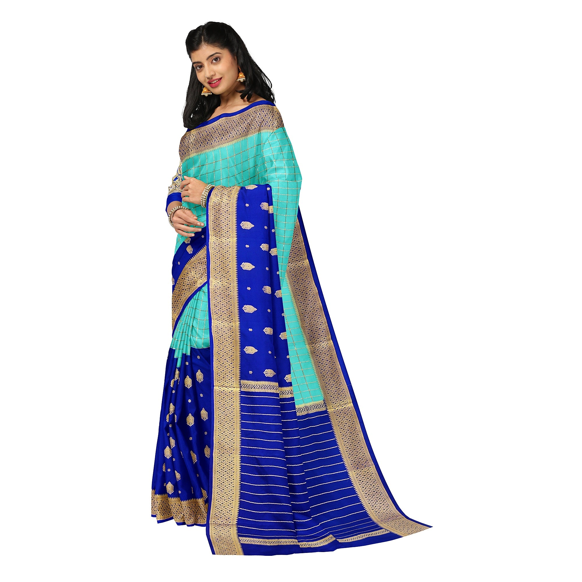 Half-and-Half Sky Blue Mysore Silk Saree with Ink Blue Checks