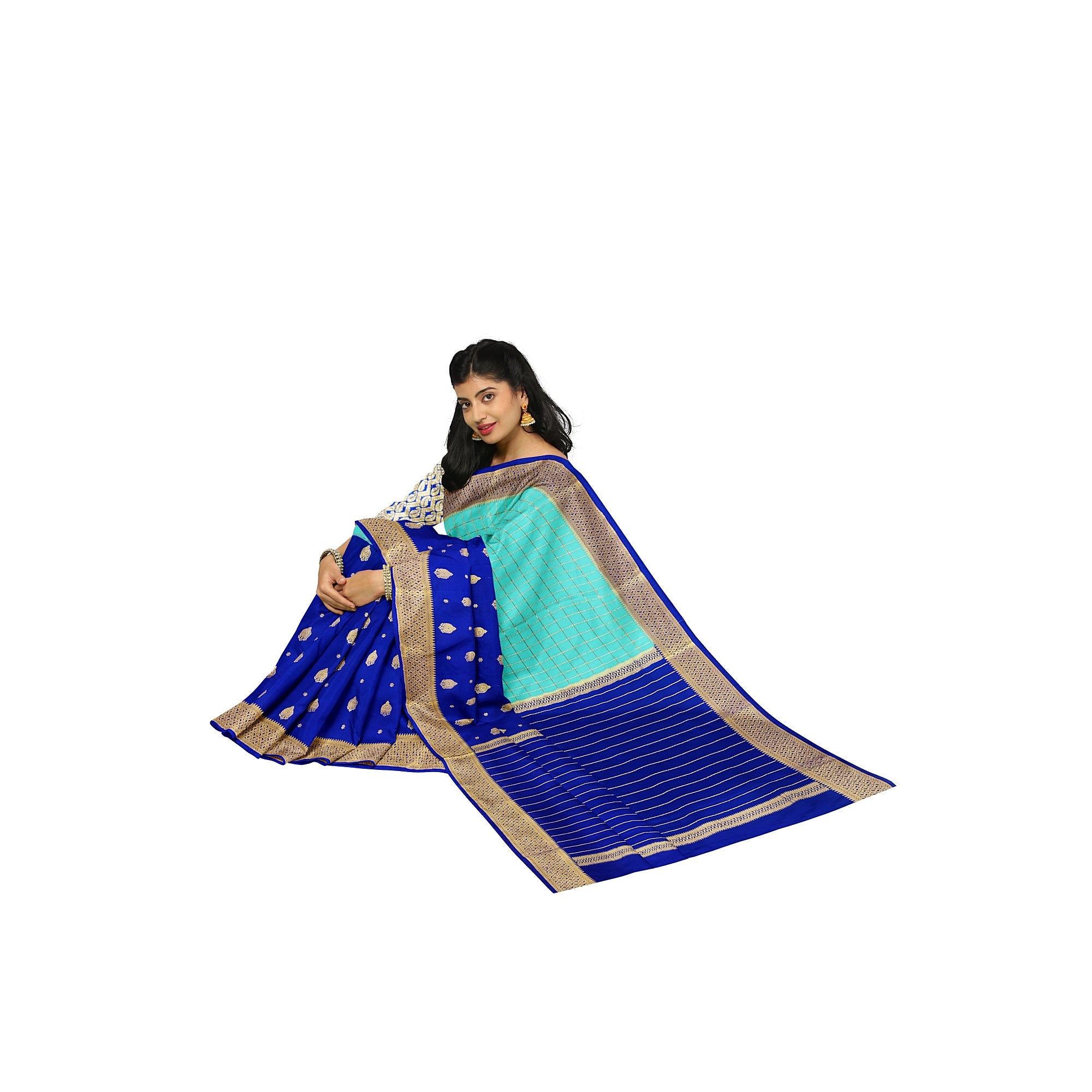 Half-and-Half Sky Blue Mysore Silk Saree with Ink Blue Checks