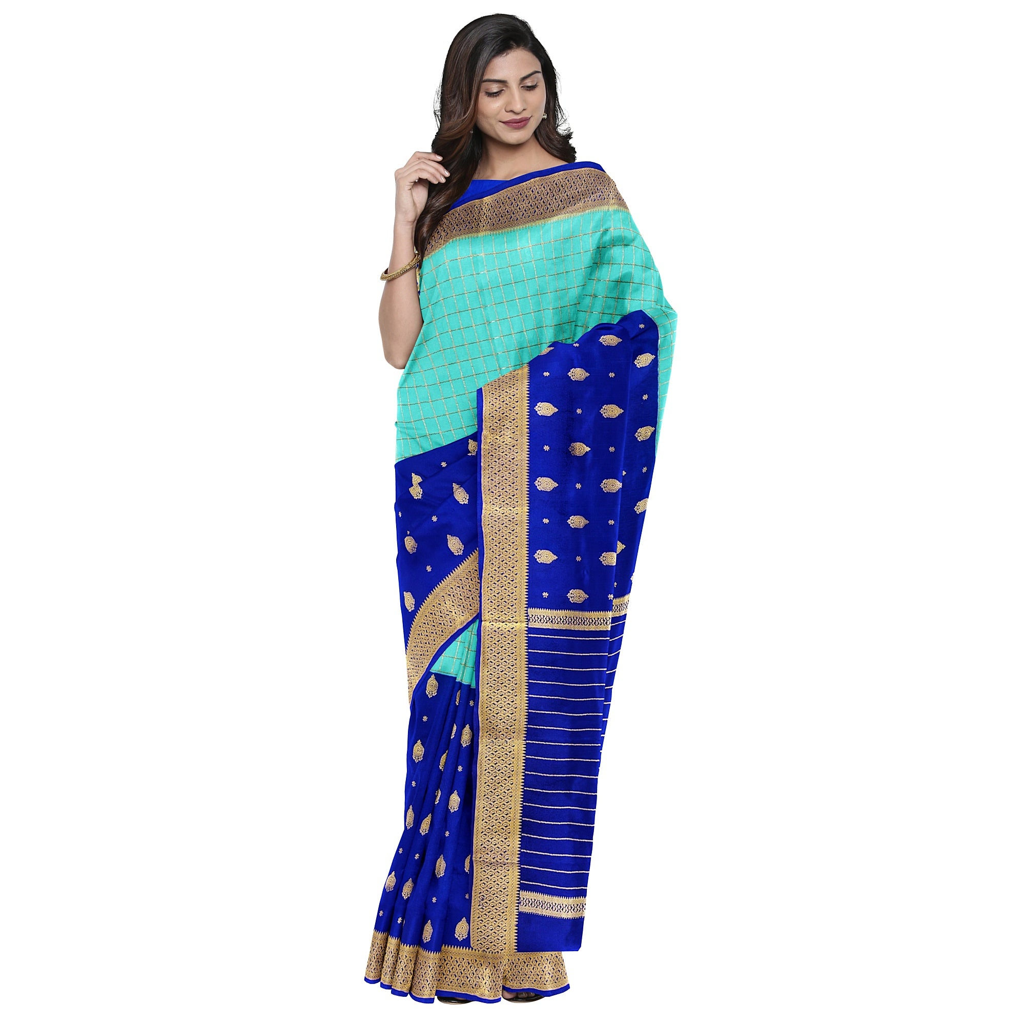 Half-and-Half Sky Blue Mysore Silk Saree with Ink Blue Checks
