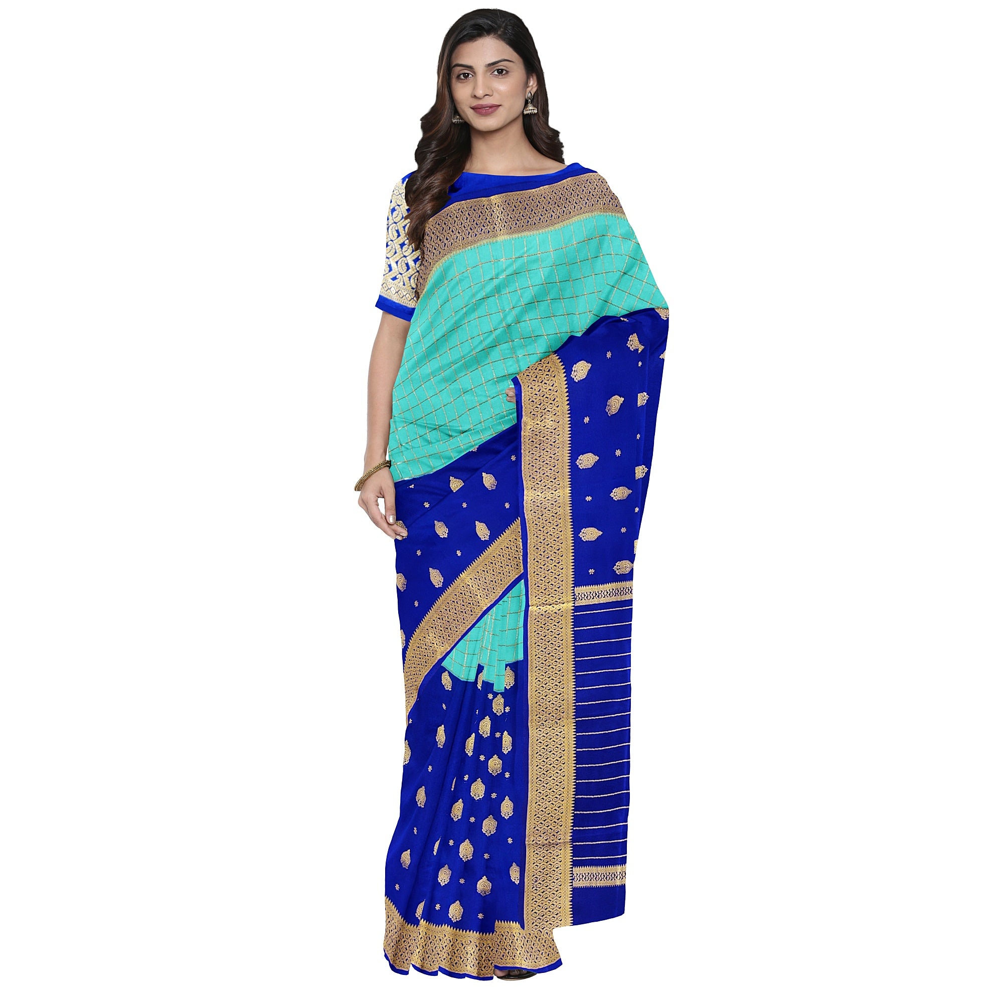 Half-and-Half Sky Blue Mysore Silk Saree with Ink Blue Checks