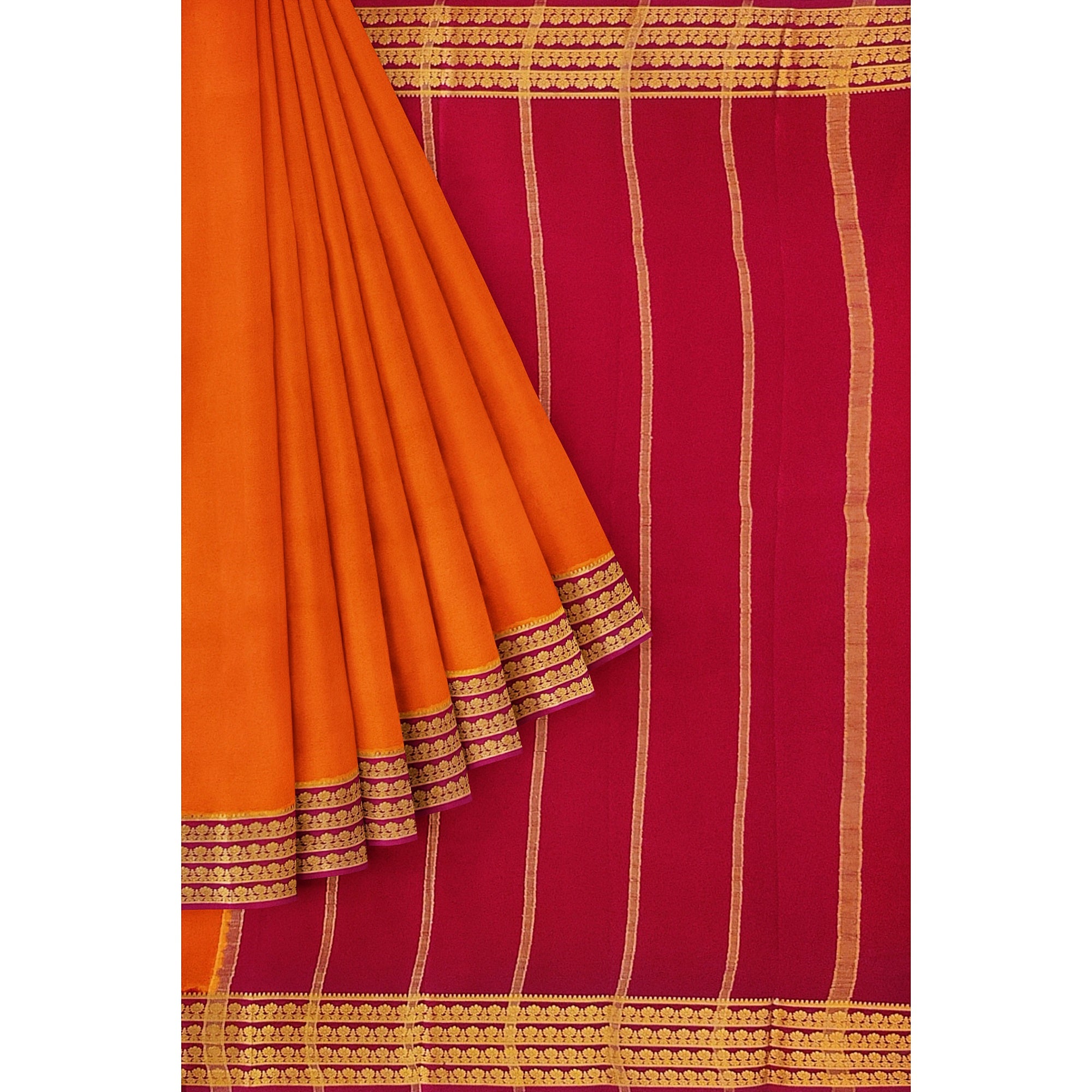Mustard Yellow Mysore Silk Saree with Majenta Pink Zari Lines Border