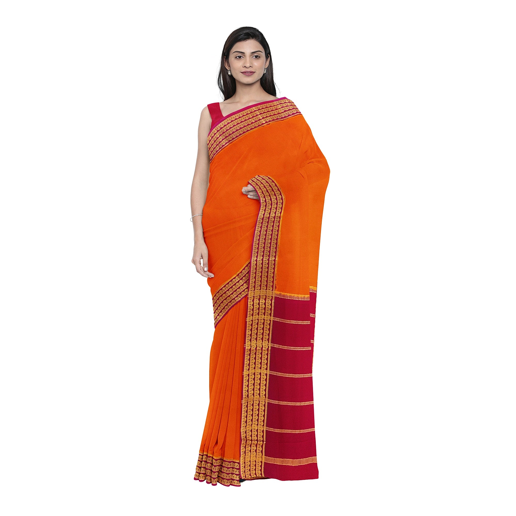 Mustard Yellow Mysore Silk Saree with Majenta Pink Zari Lines Border