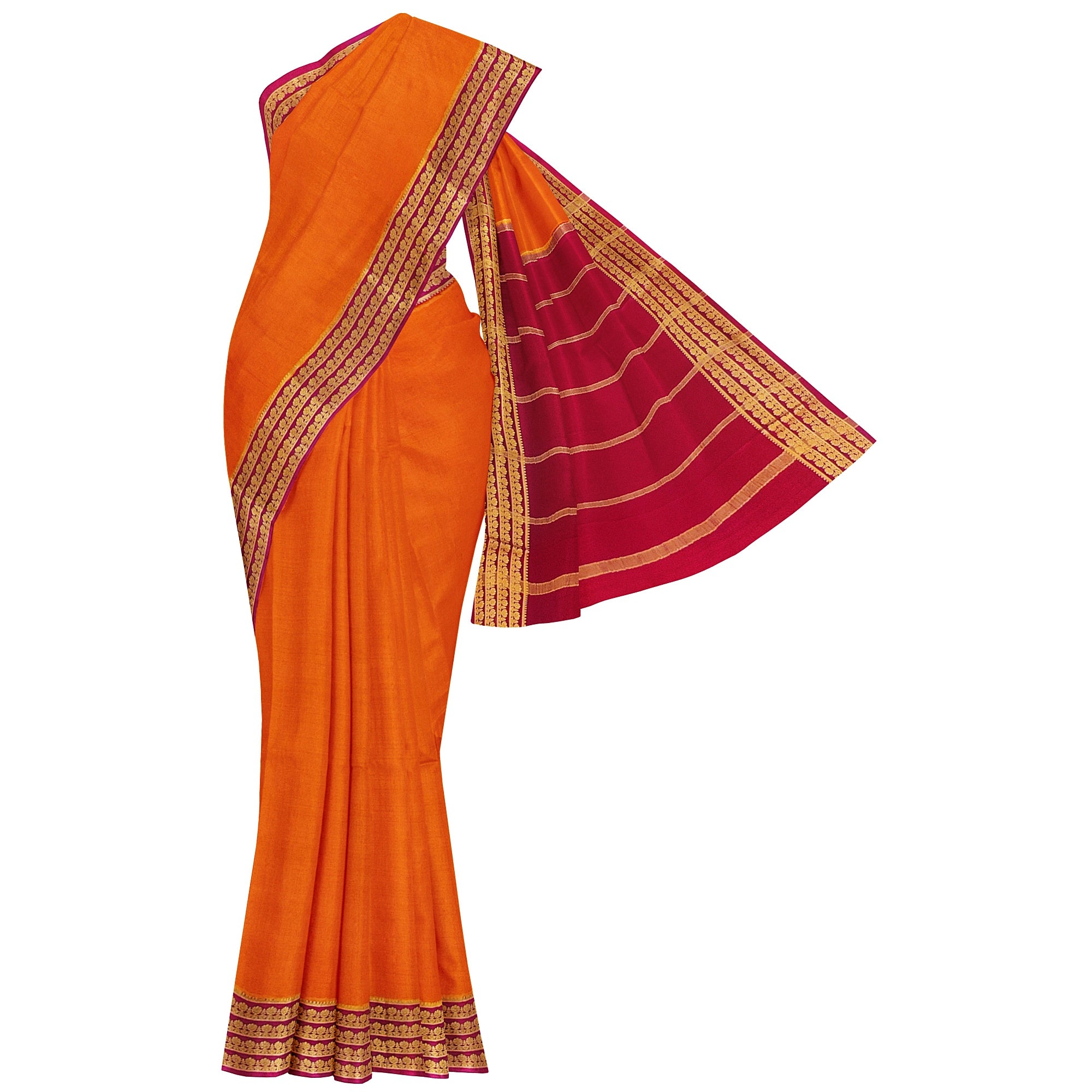 Mustard Yellow Mysore Silk Saree with Majenta Pink Zari Lines Border