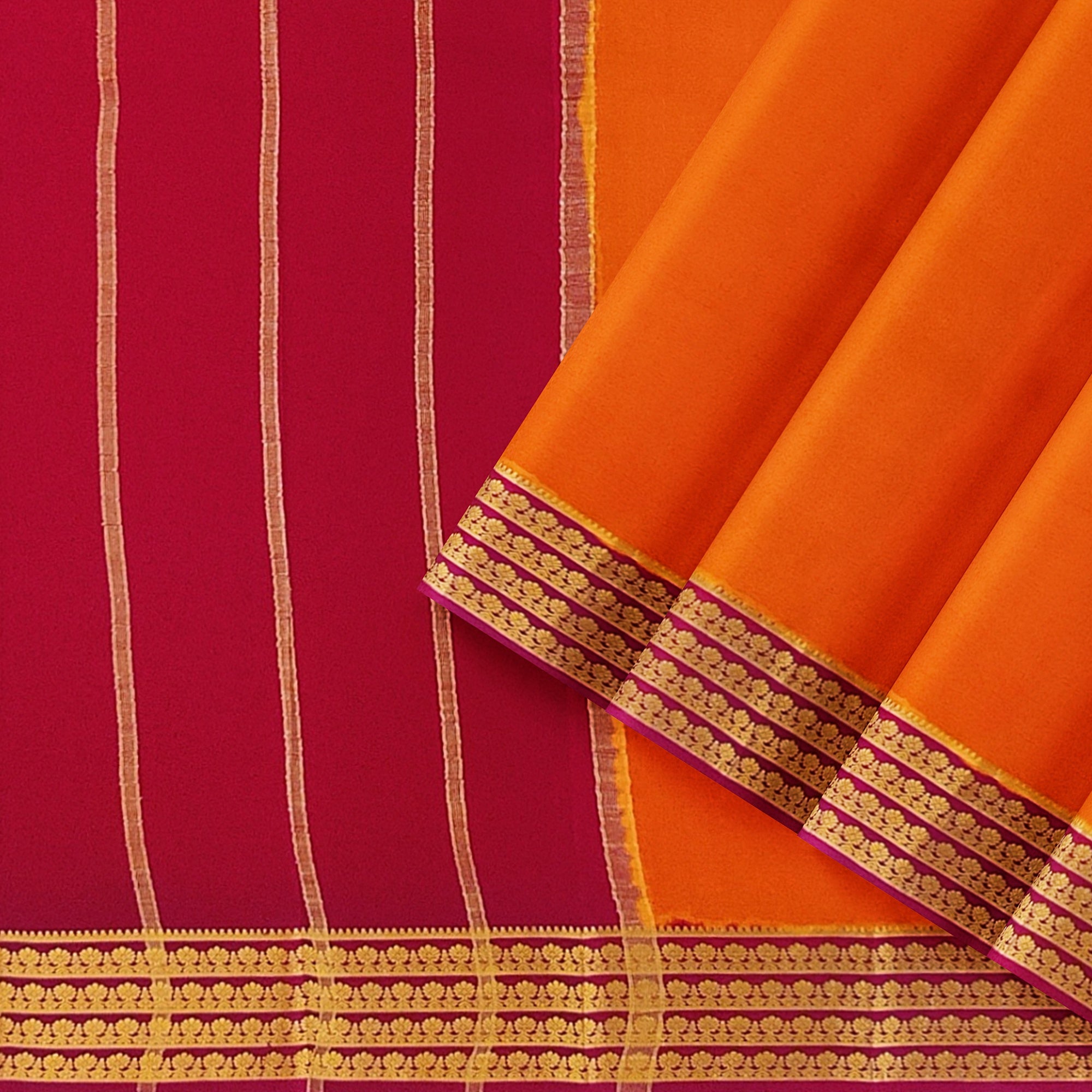 Mustard Yellow Mysore Silk Saree with Majenta Pink Zari Lines Border