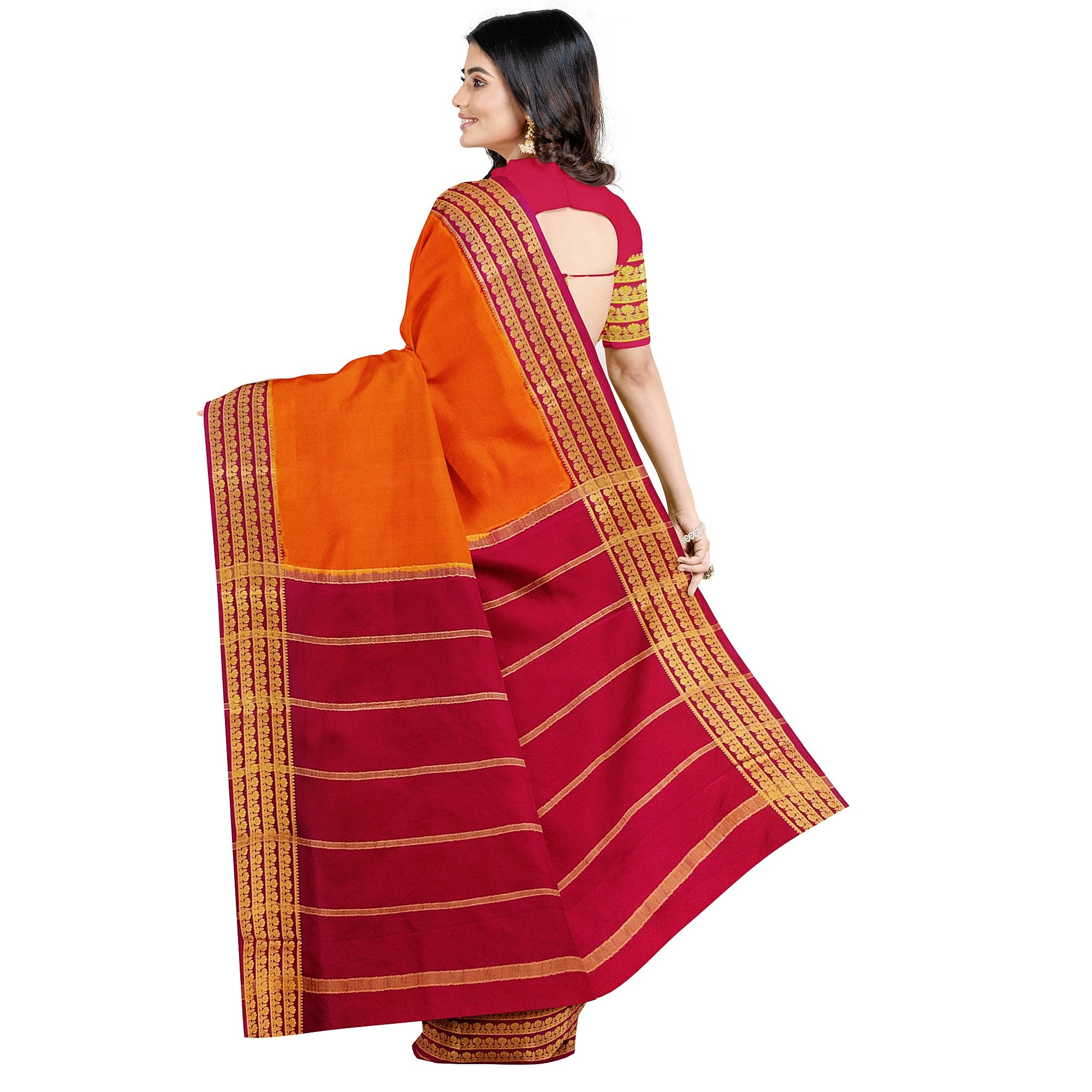 Mustard Yellow Mysore Silk Saree with Majenta Pink Zari Lines Border