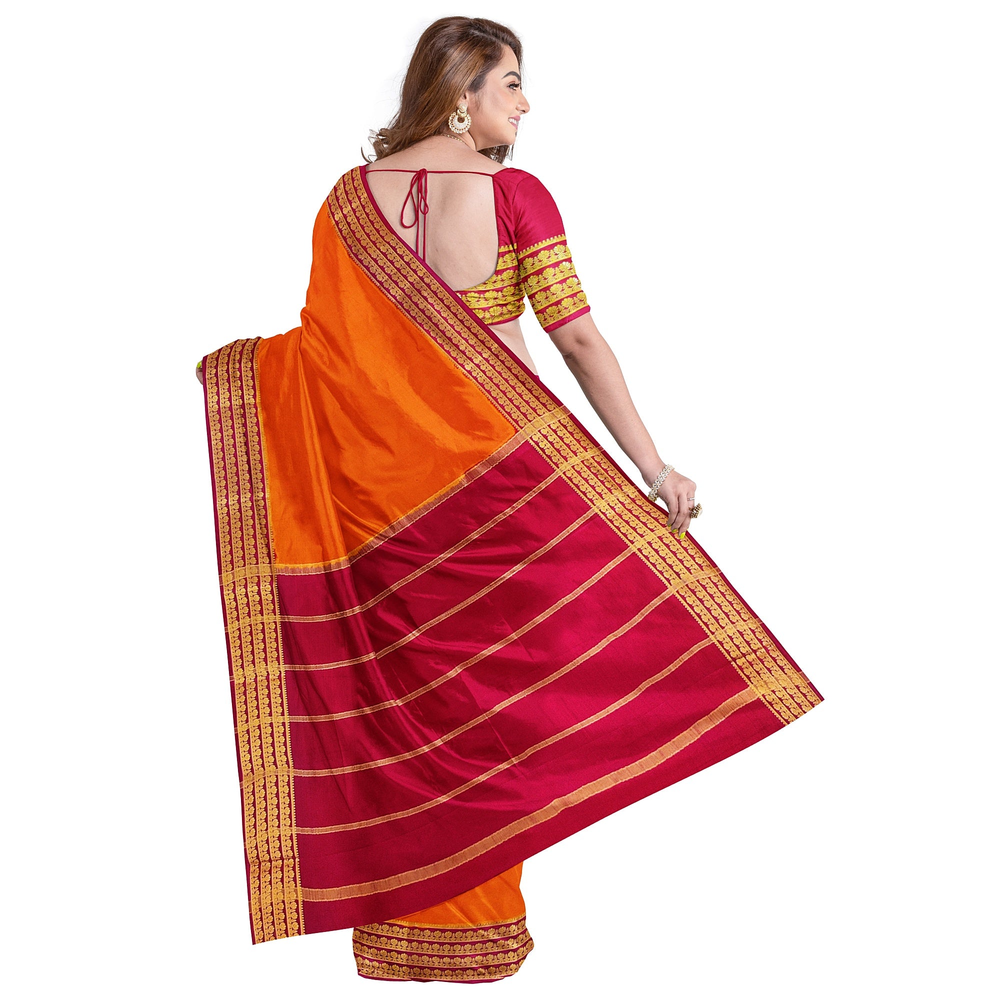 Mustard Yellow Mysore Silk Saree with Majenta Pink Zari Lines Border