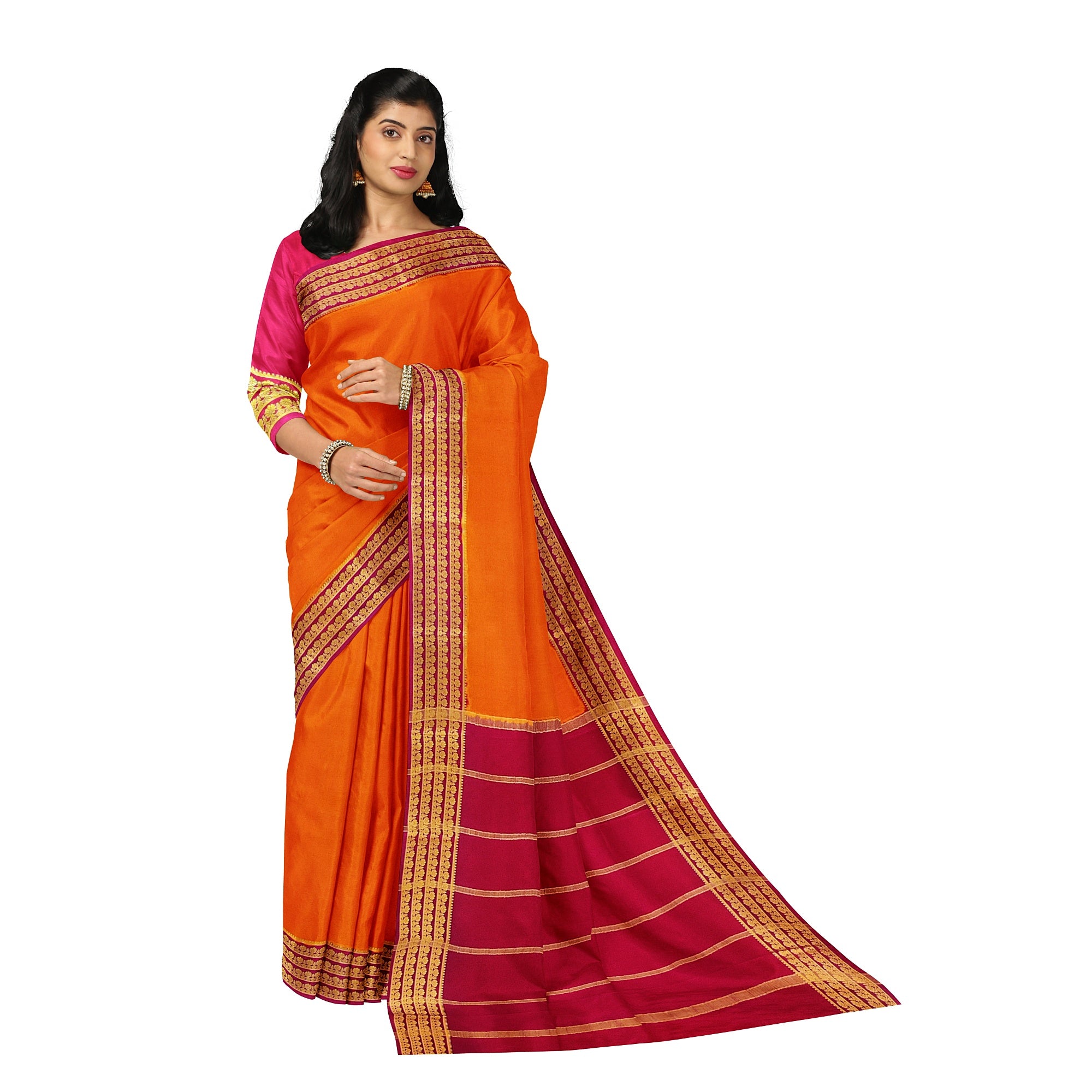 Mustard Yellow Mysore Silk Saree with Majenta Pink Zari Lines Border