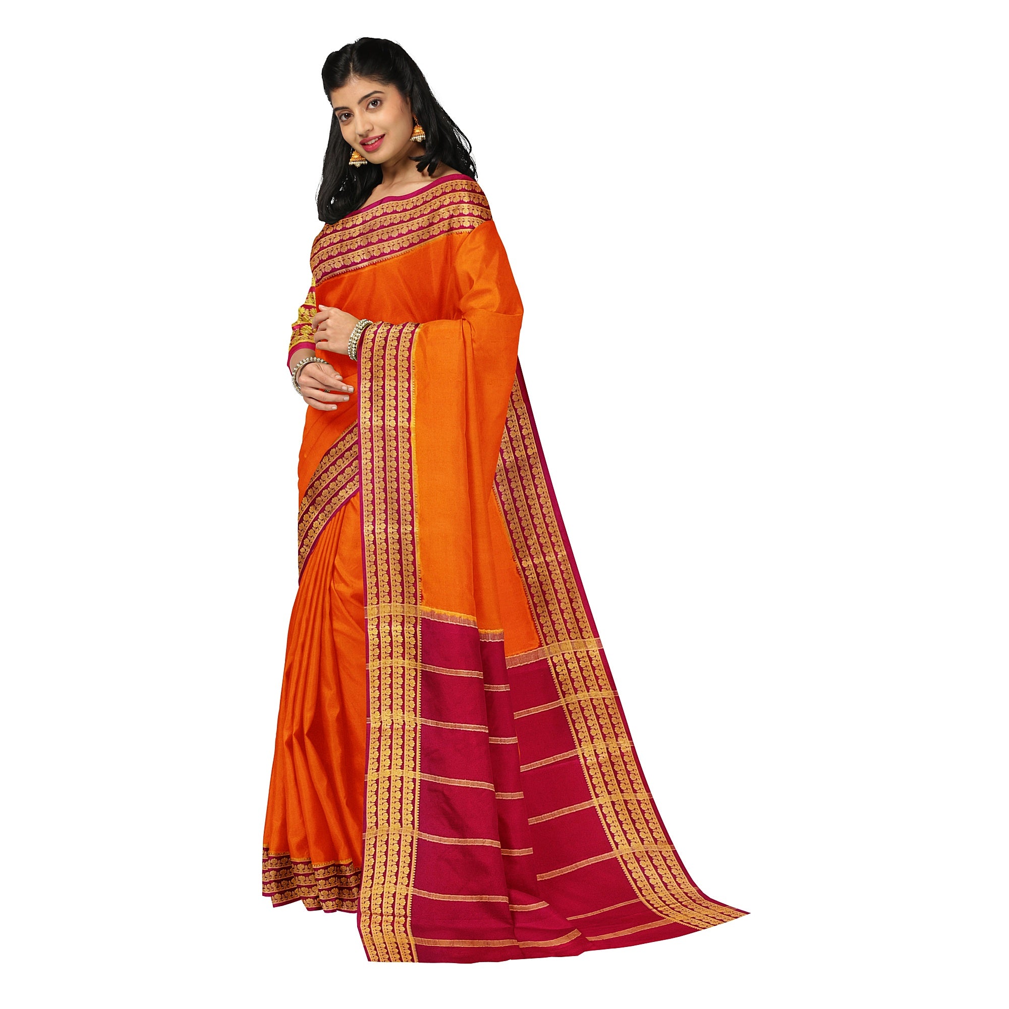 Mustard Yellow Mysore Silk Saree with Majenta Pink Zari Lines Border