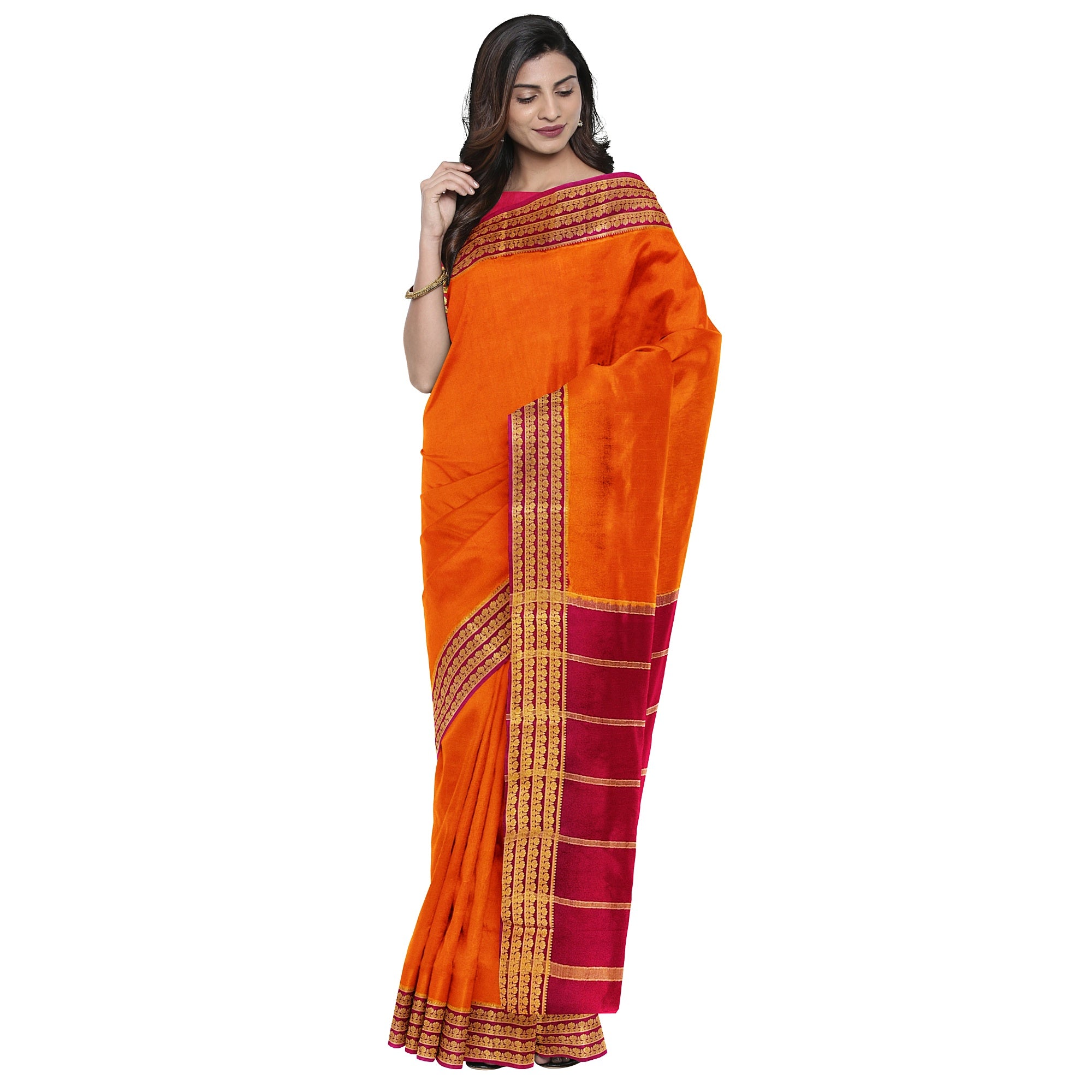 Mustard Yellow Mysore Silk Saree with Majenta Pink Zari Lines Border