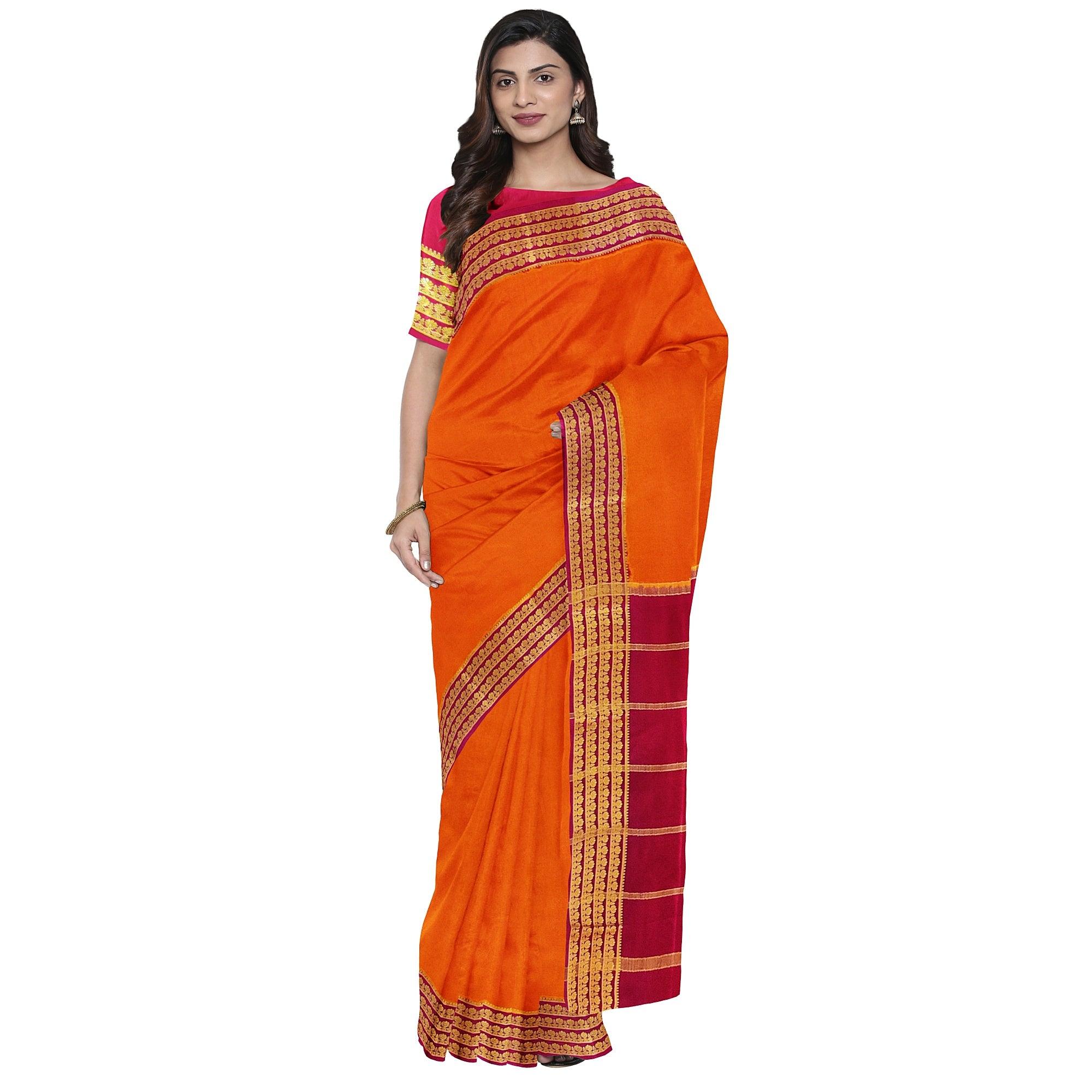 Mustard Yellow Mysore Silk Saree with Majenta Pink Zari Lines Border