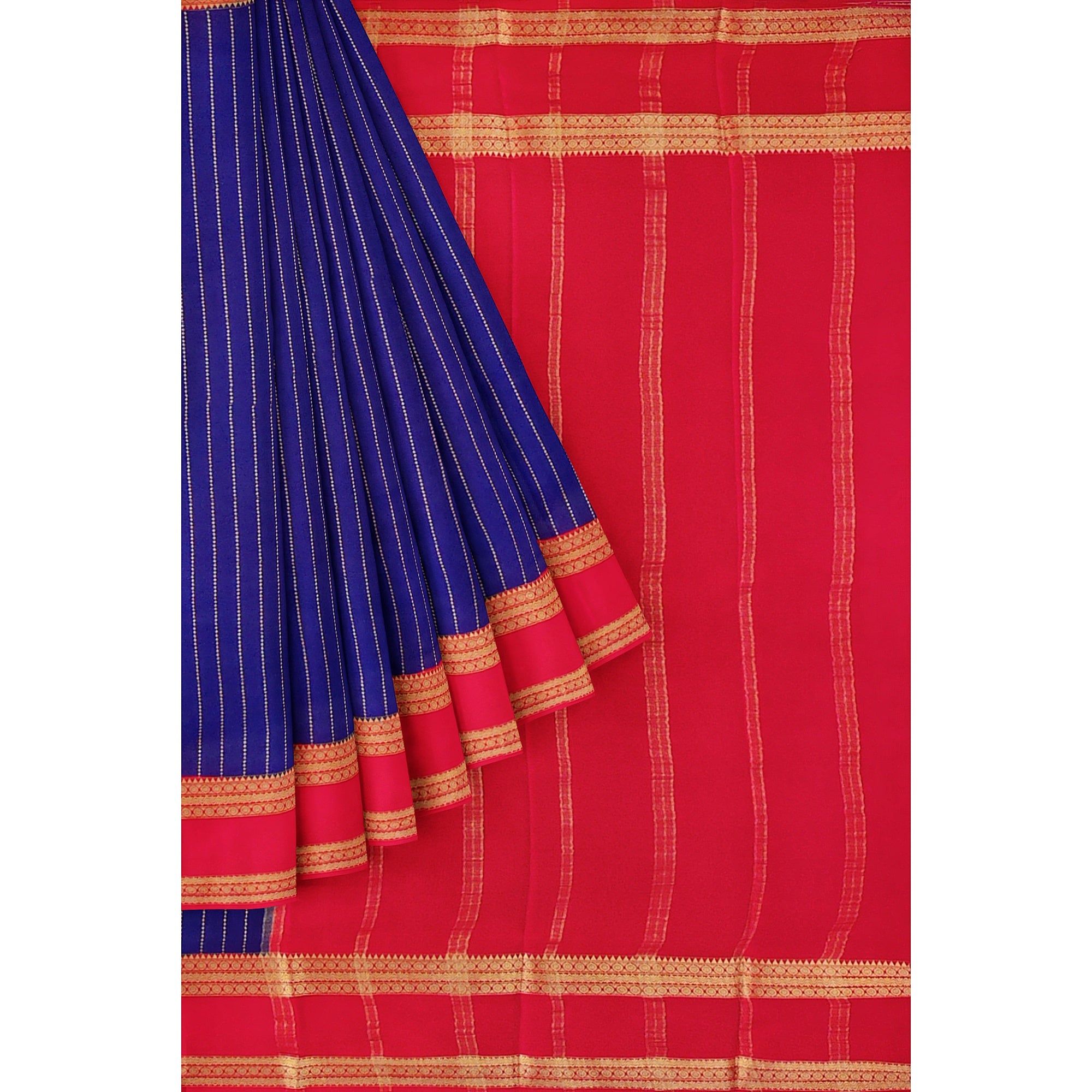 Navy Blue Mysore Silk Saree with Pink Gold Zari Border