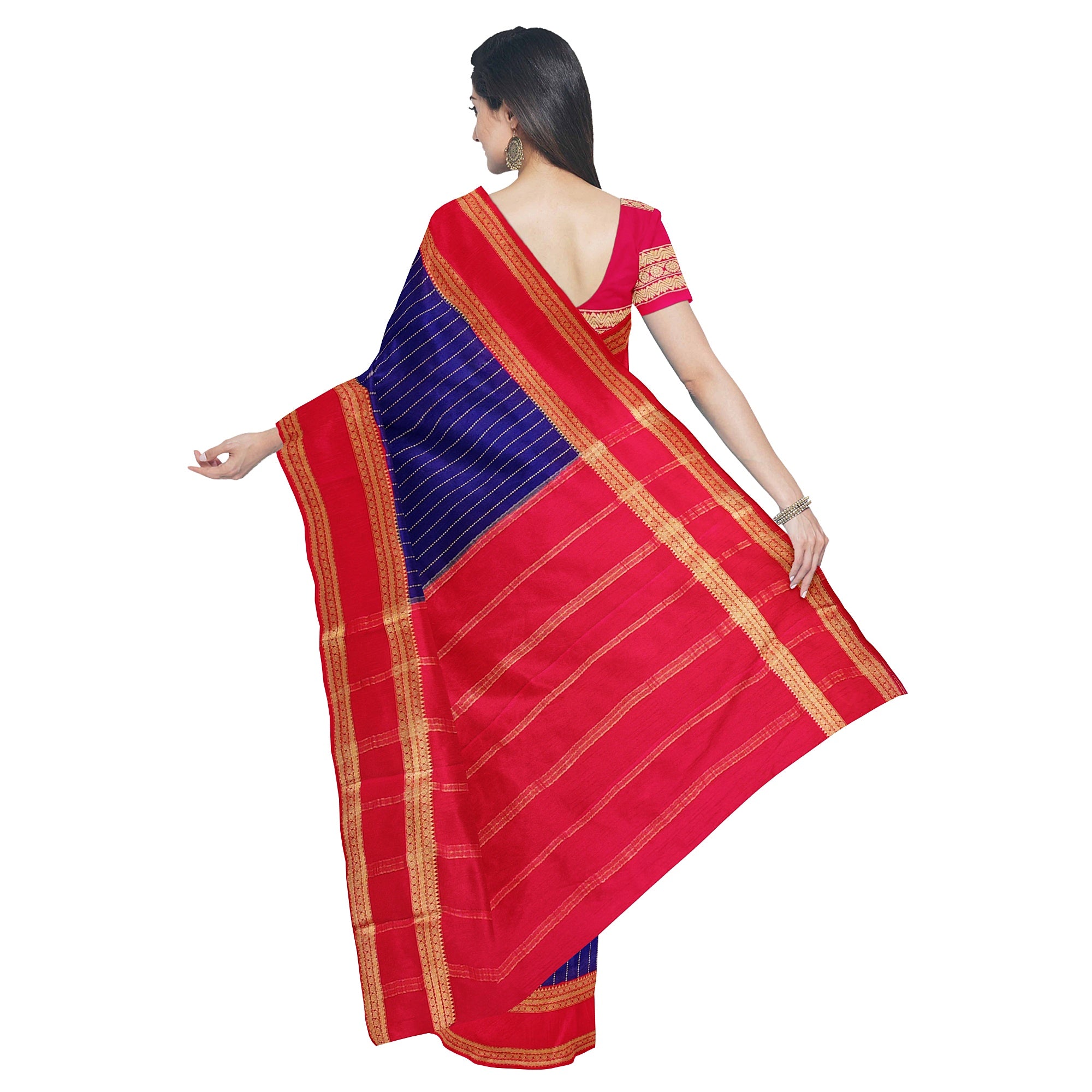 Navy Blue Mysore Silk Saree with Pink Gold Zari Border