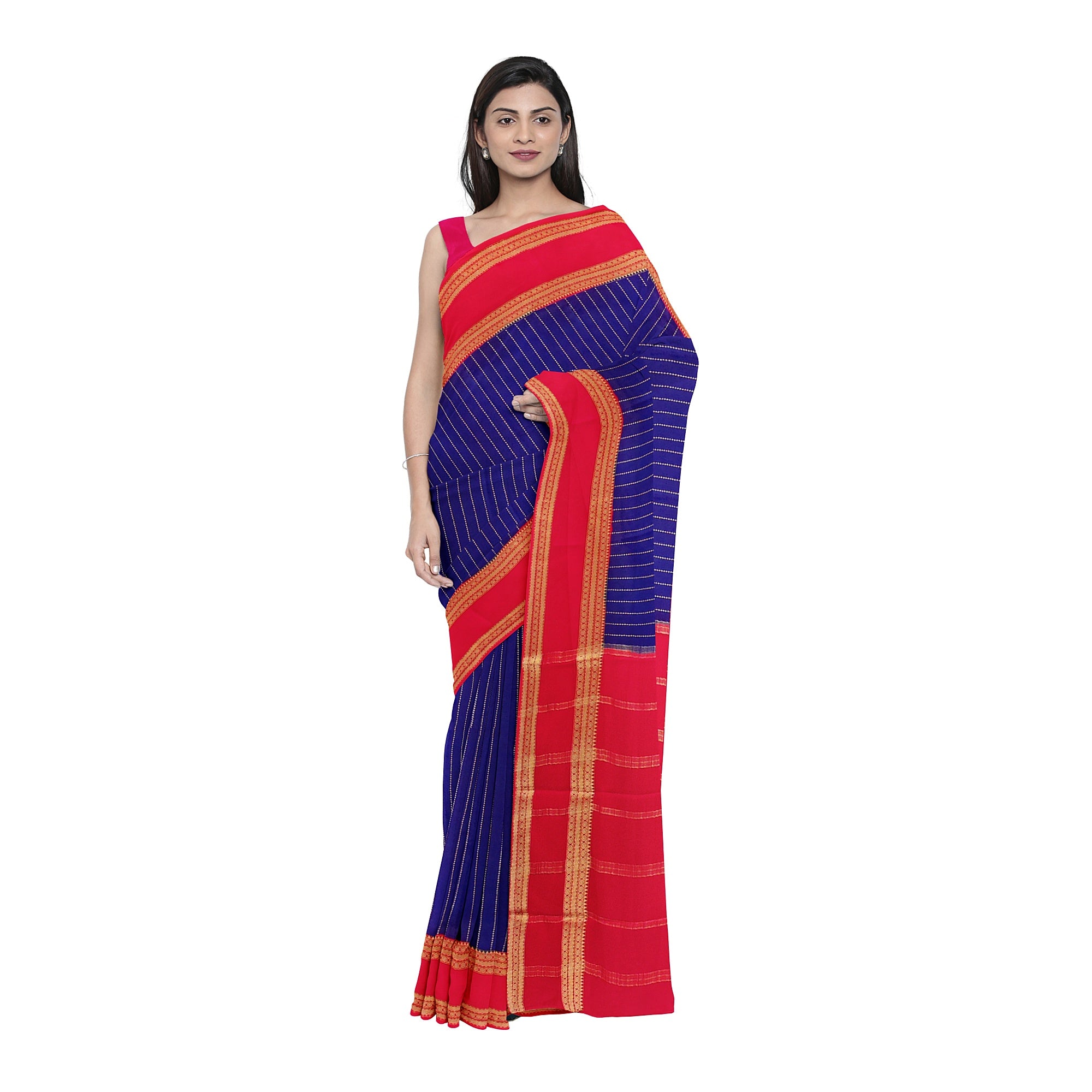 Navy Blue Mysore Silk Saree with Pink Gold Zari Border