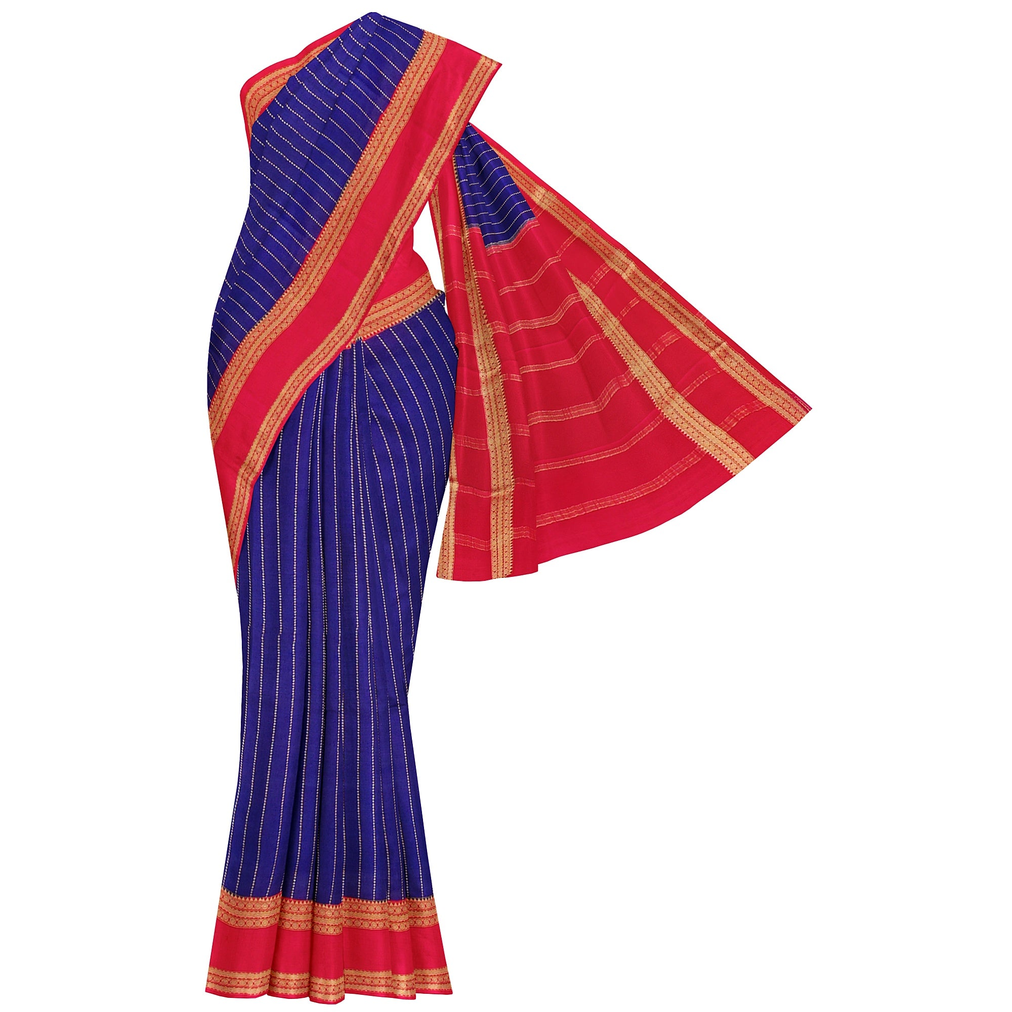 Navy Blue Mysore Silk Saree with Pink Gold Zari Border